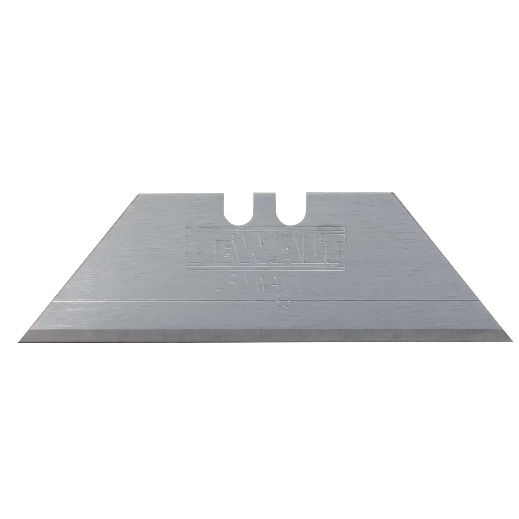A close-up of a DEWALT utility knife blade for drywall, showing its sharp straight edge and notches for attaching to a handle.