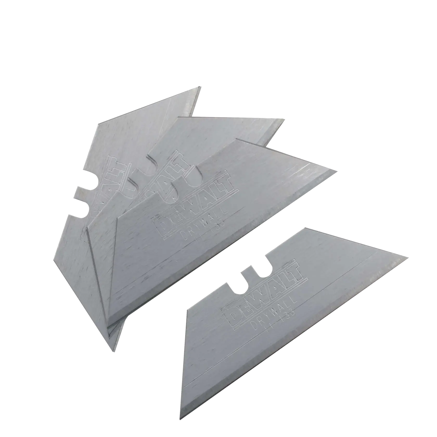Three silver DEWALT drywall utility blades with sharp edges, arranged overlapping against a white background.