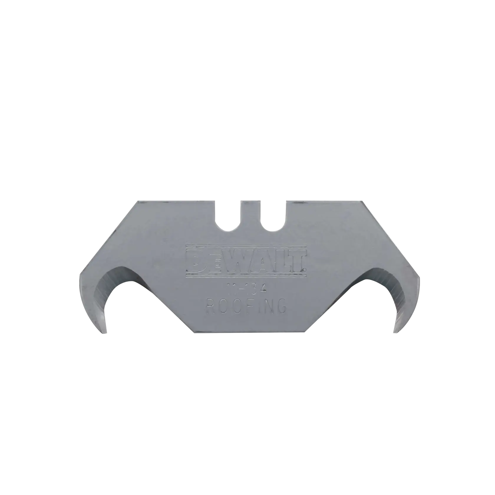 A DEWALT roofing utility knife blade with a distinctive hooked shape, used for cutting roofing materials.