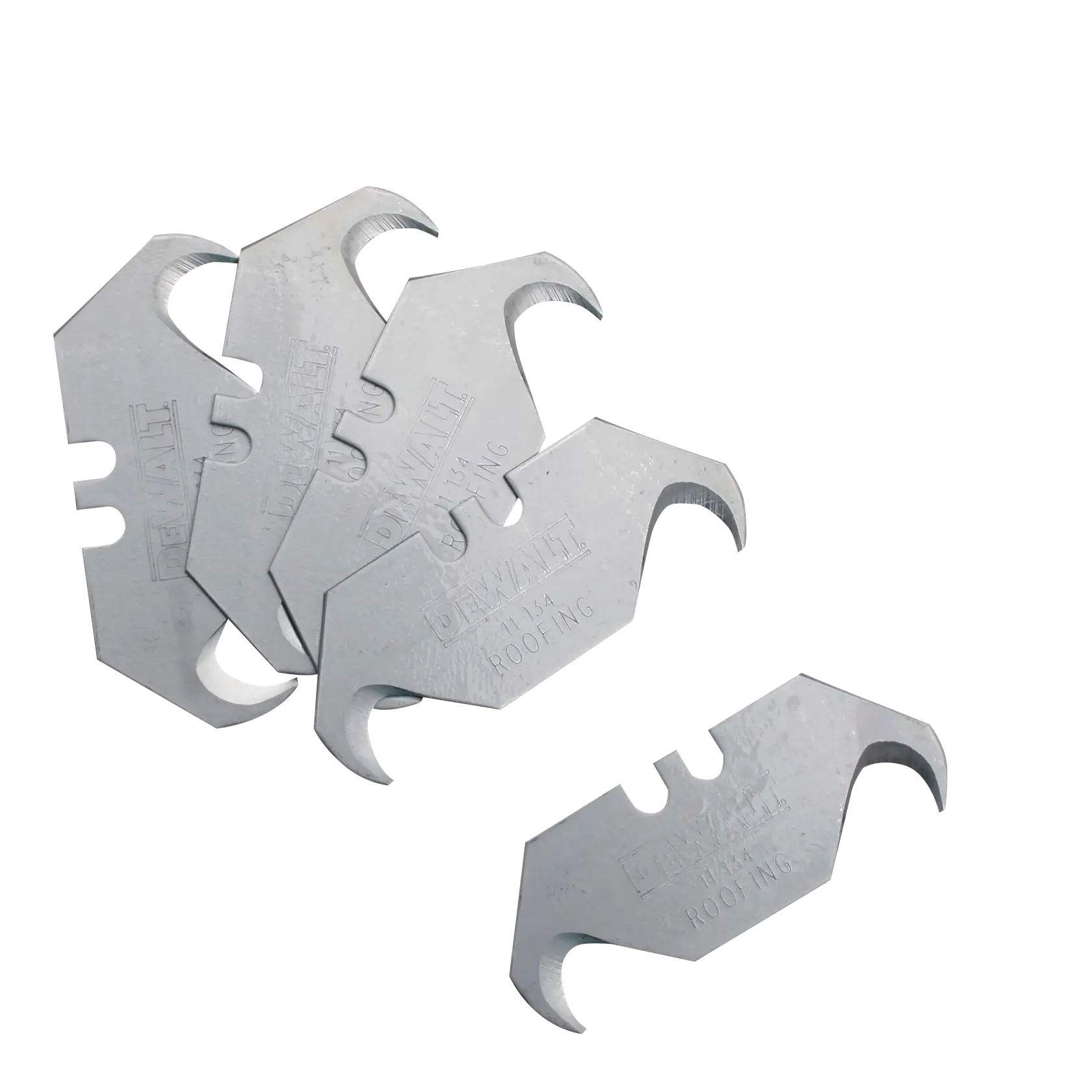 A group of five DEWALT roofing utility knife blades made of metal, designed with distinctive hooked ends and notches.