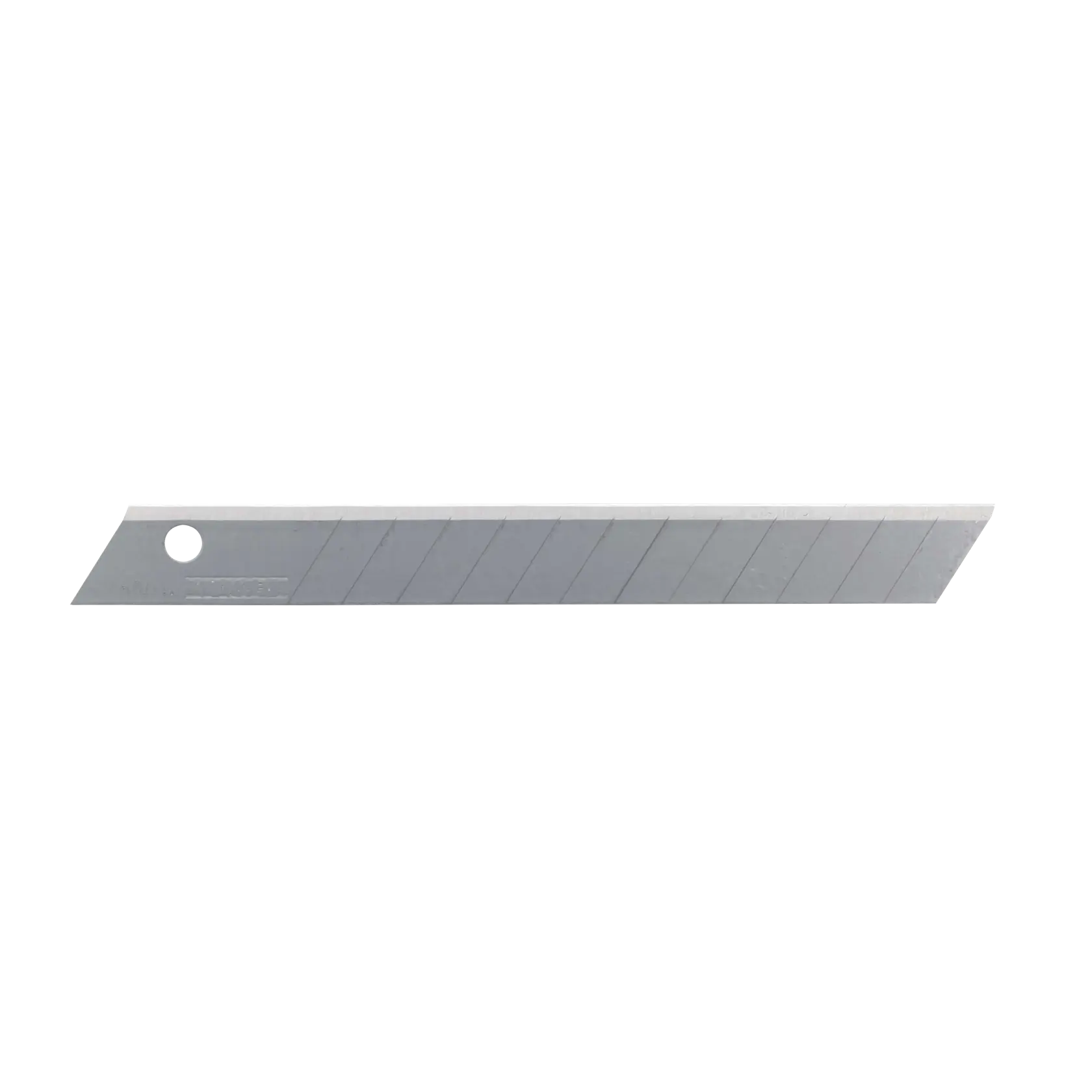 A single silver DEWALT snap-off utility knife blade with angled tip and segmented sections, shown on a white background.