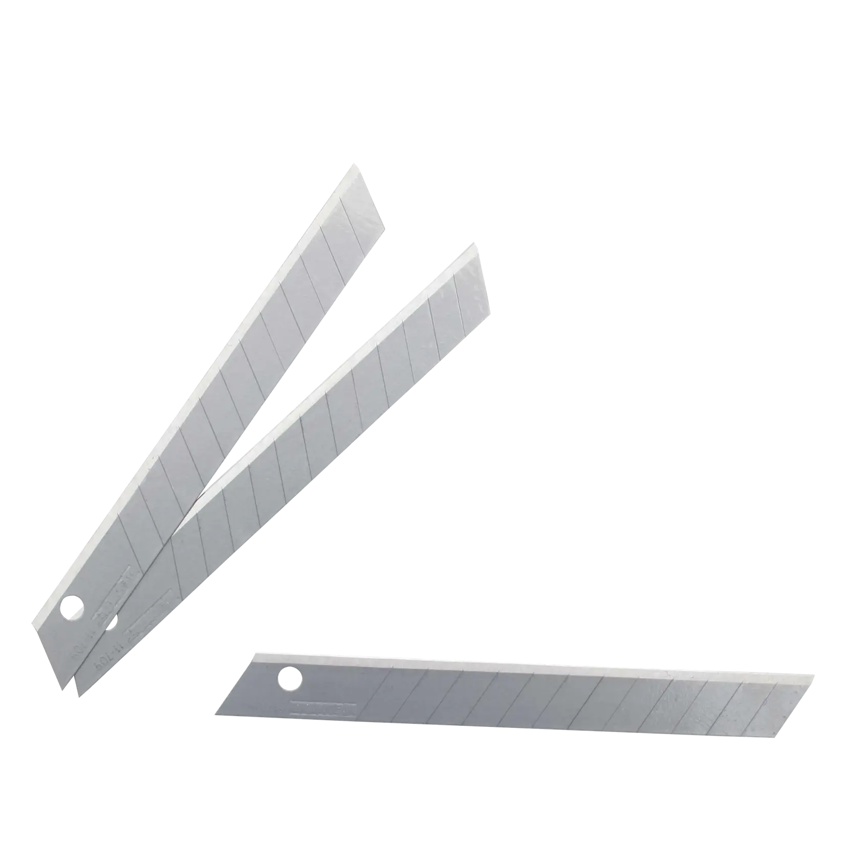 Three DEWALT snap-off utility knife blades, each silver with segmented lines for easy snapping, shown on a white background.