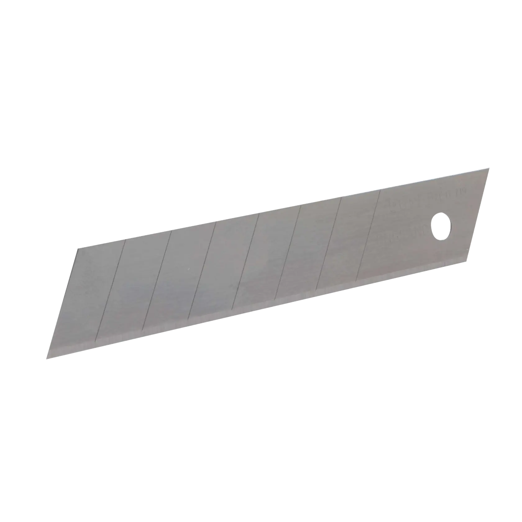 A single segmented snap-off utility knife blade with a hole at one end, used for cutting and trimming tasks.