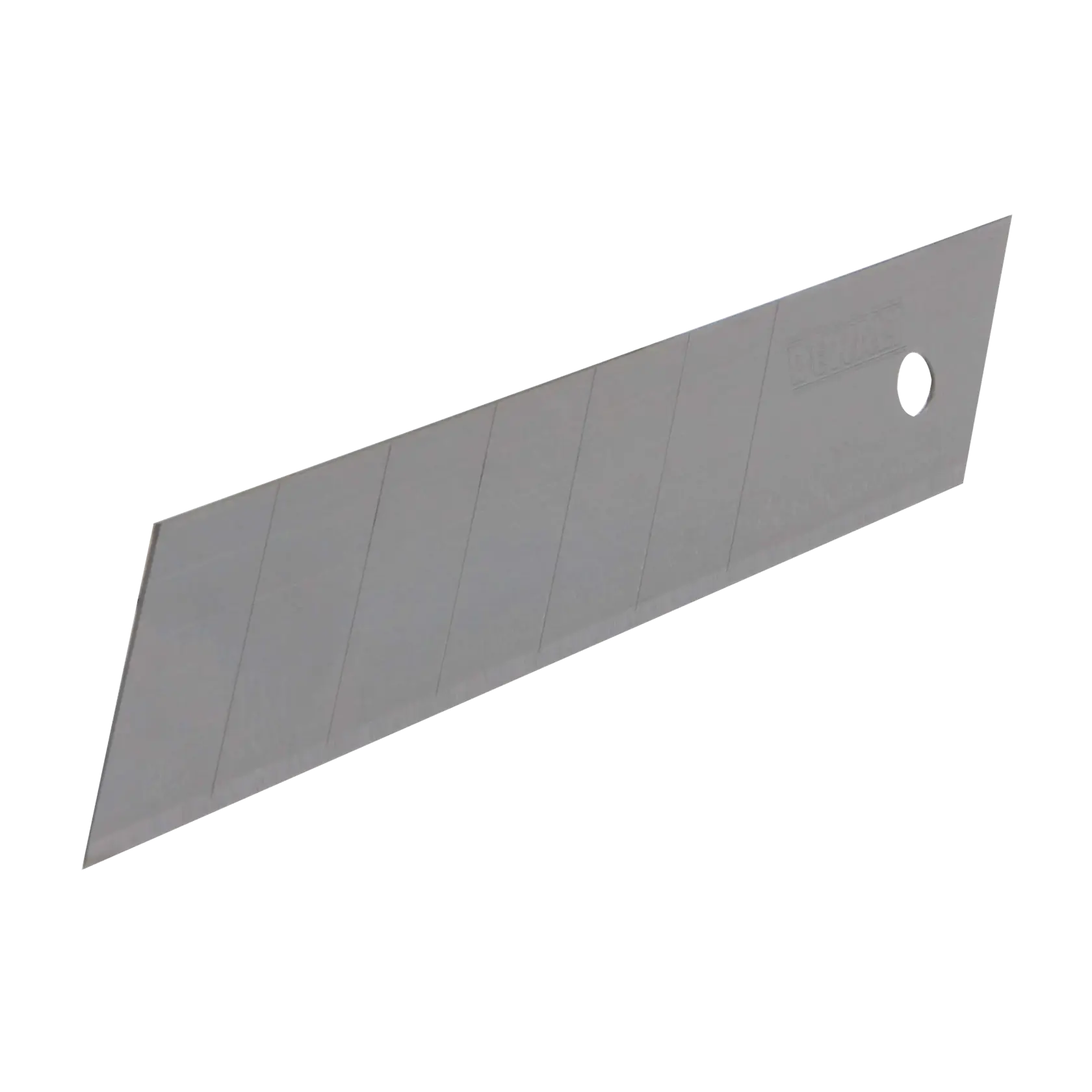 A single snap-off utility knife blade with a hole at one end, shown against a white background.