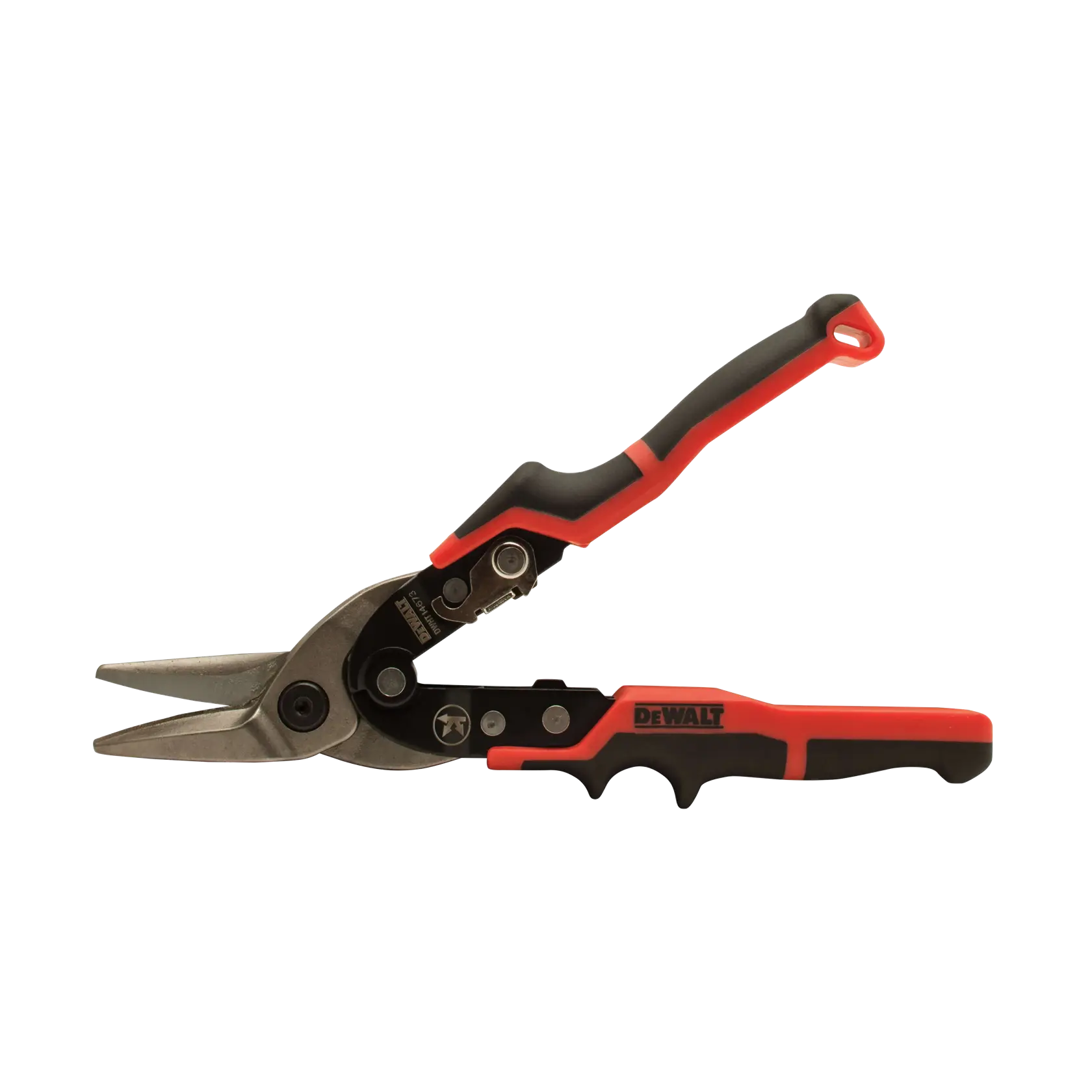 A DEWALT hand tool with black and red ergonomic handles, designed for cutting, resembling aviation snips or metal shears.