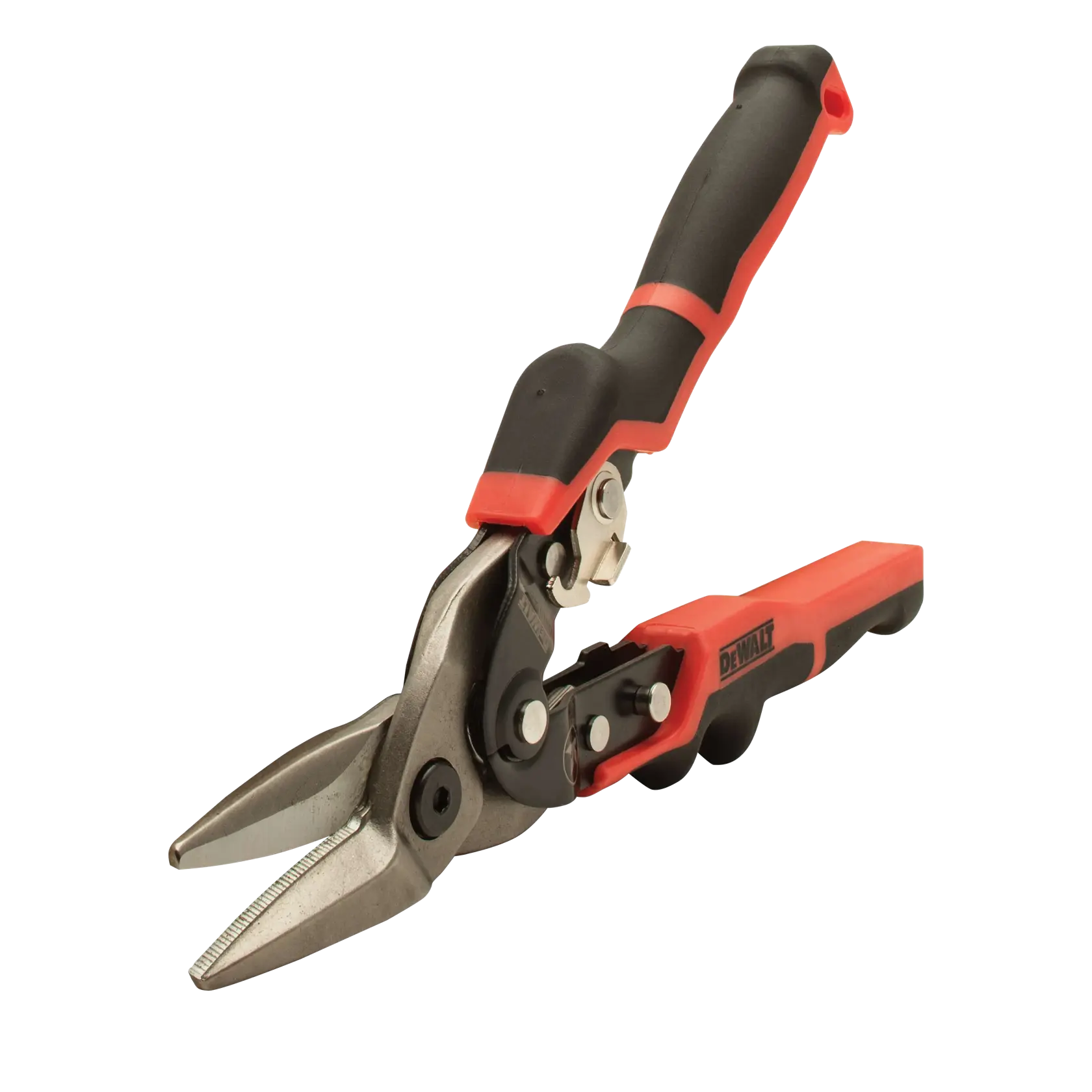 A pair of DEWALT aviation snips with black and red ergonomic handles, designed for cutting sheet metal.