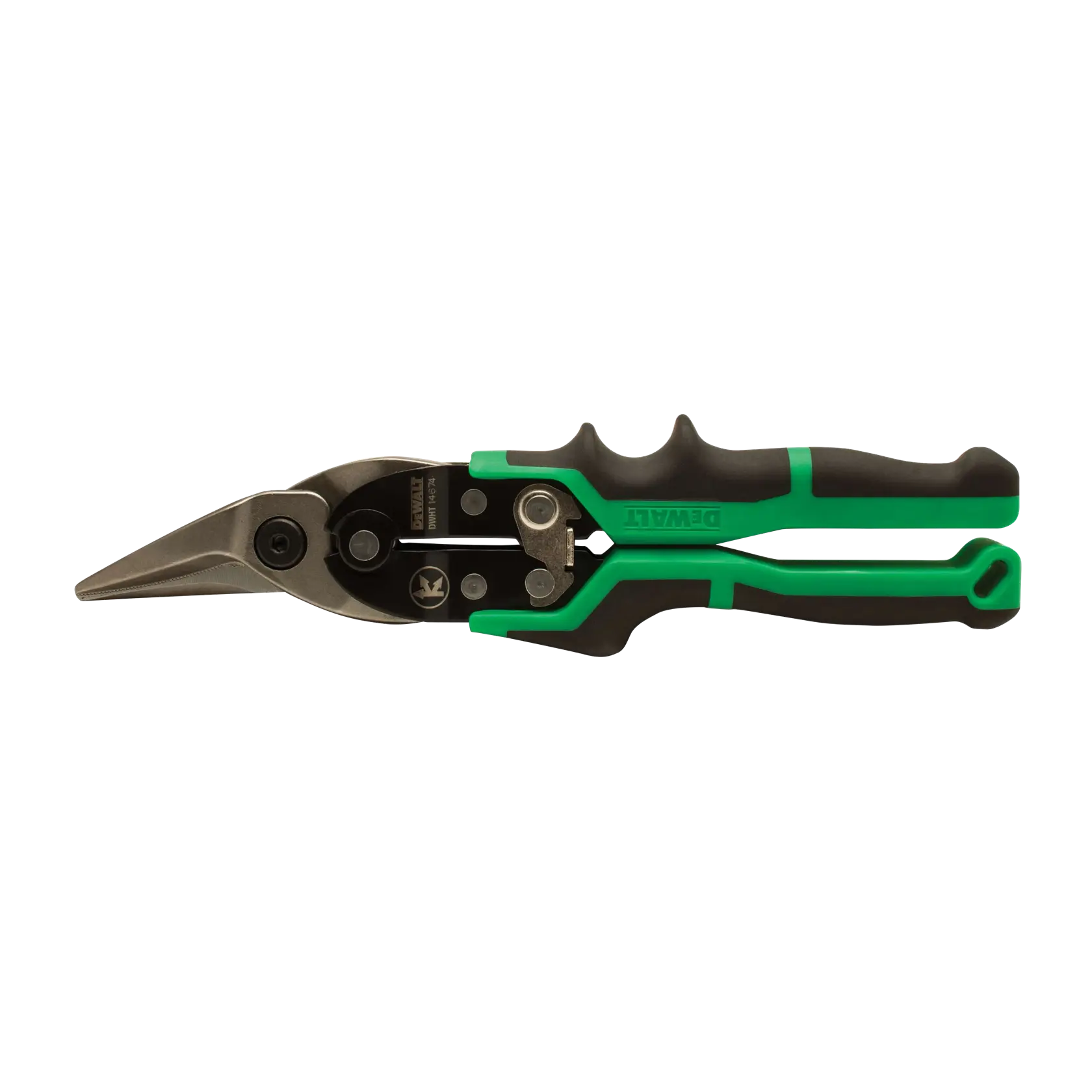 DEWALT metal snips with green and black handles, used for cutting sheet metal and similar materials.