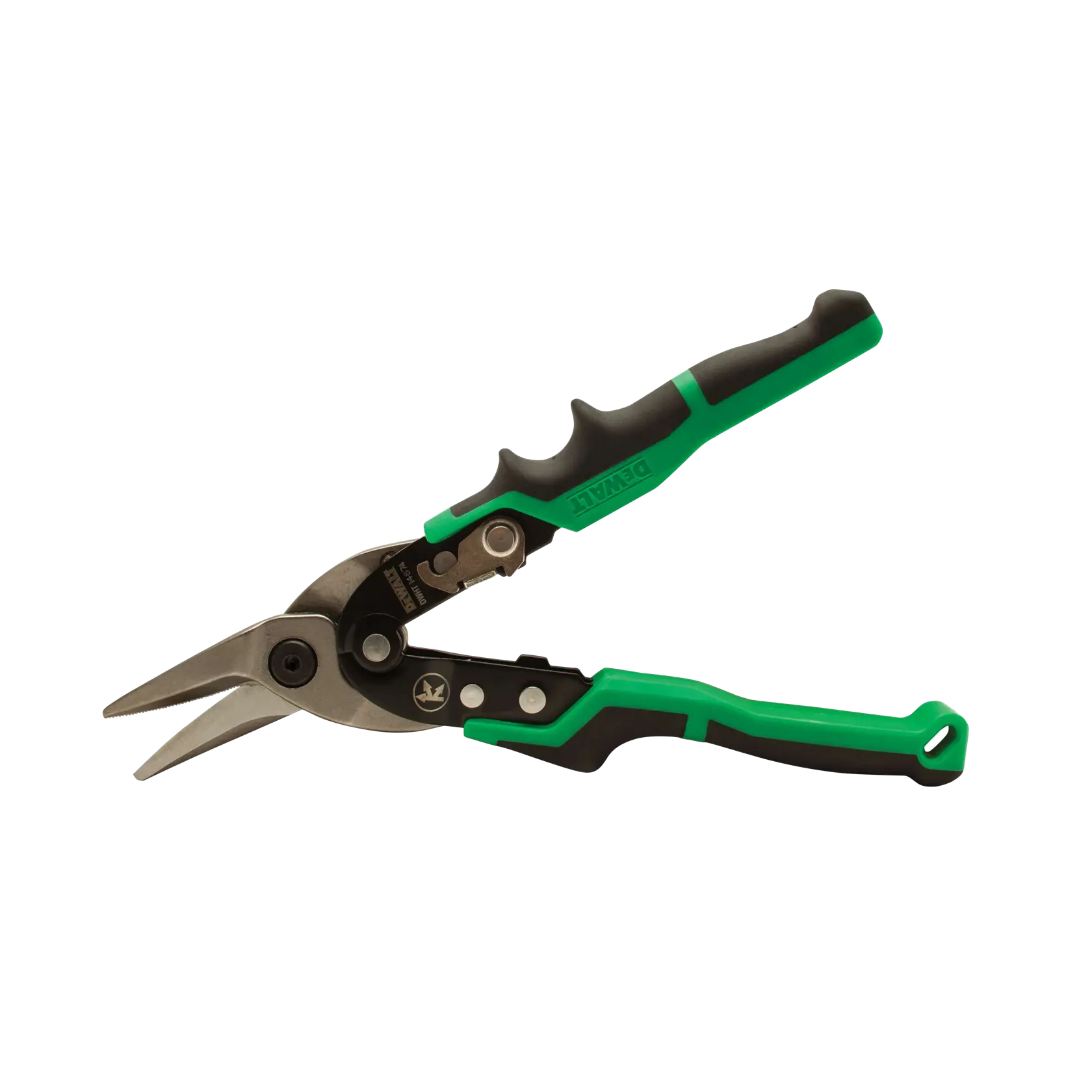 A pair of DEWALT aviation snips with green and black handles, designed for cutting sheet metal.