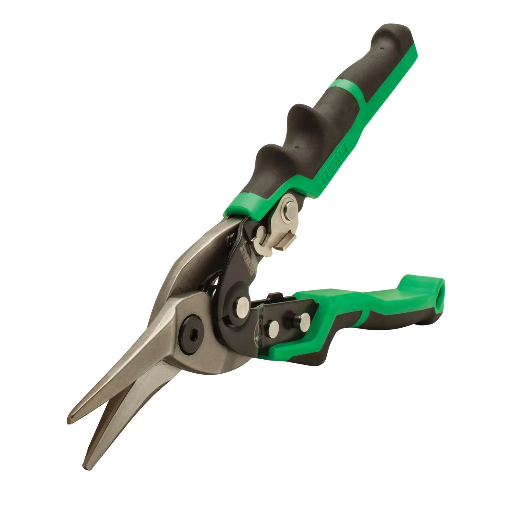 A pair of DEWALT aviation snips with green and black handles, designed for cutting metal sheets.