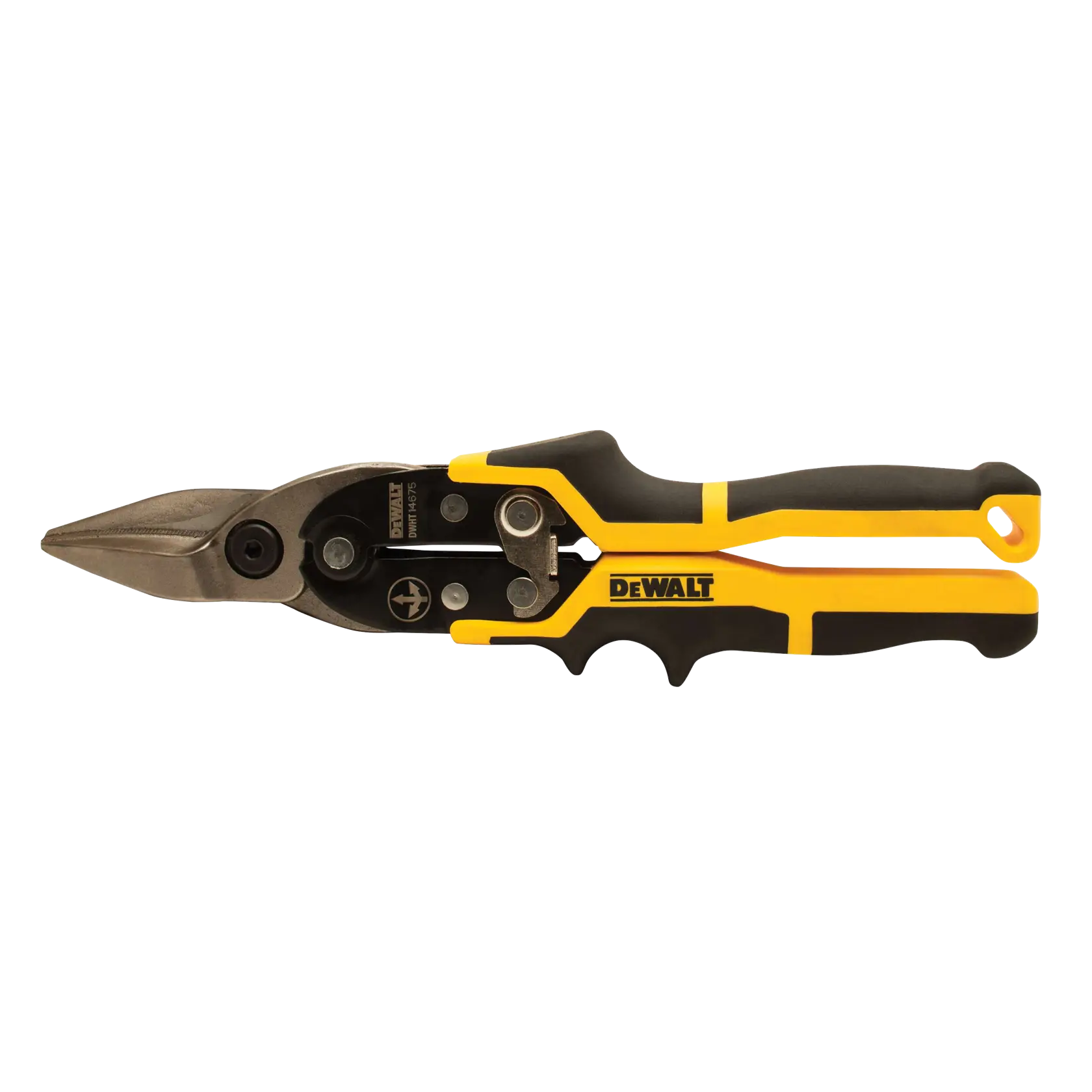 DEWALT aviation snips with yellow and black handle, used for cutting metal sheets.