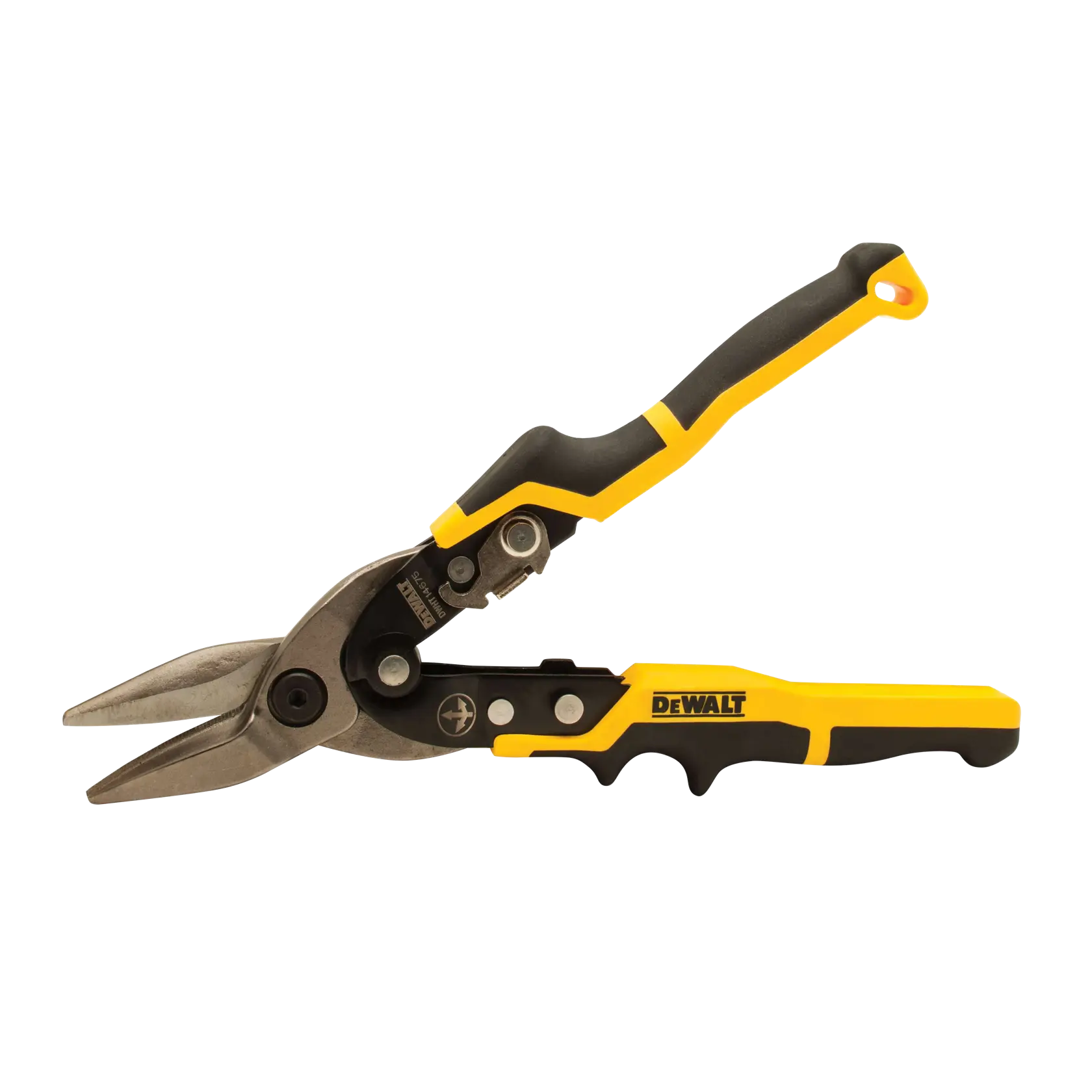 A DEWALT aviation snip with black and yellow ergonomic handles and metal blades, designed for cutting sheet metal.