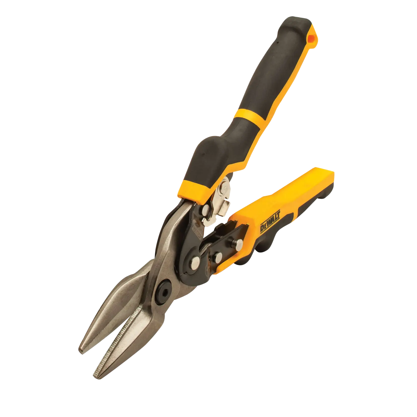 A pair of DEWALT straight cut aviation snips with a yellow and black handle, designed for cutting sheet metal.