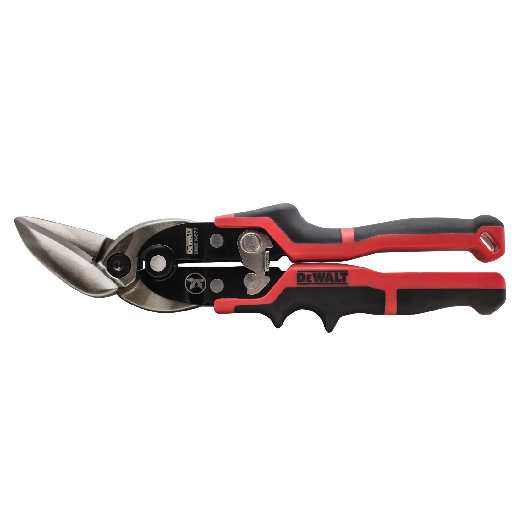 A pair of DEWALT aviation snips with black and red ergonomic handles, designed for cutting metal sheets.