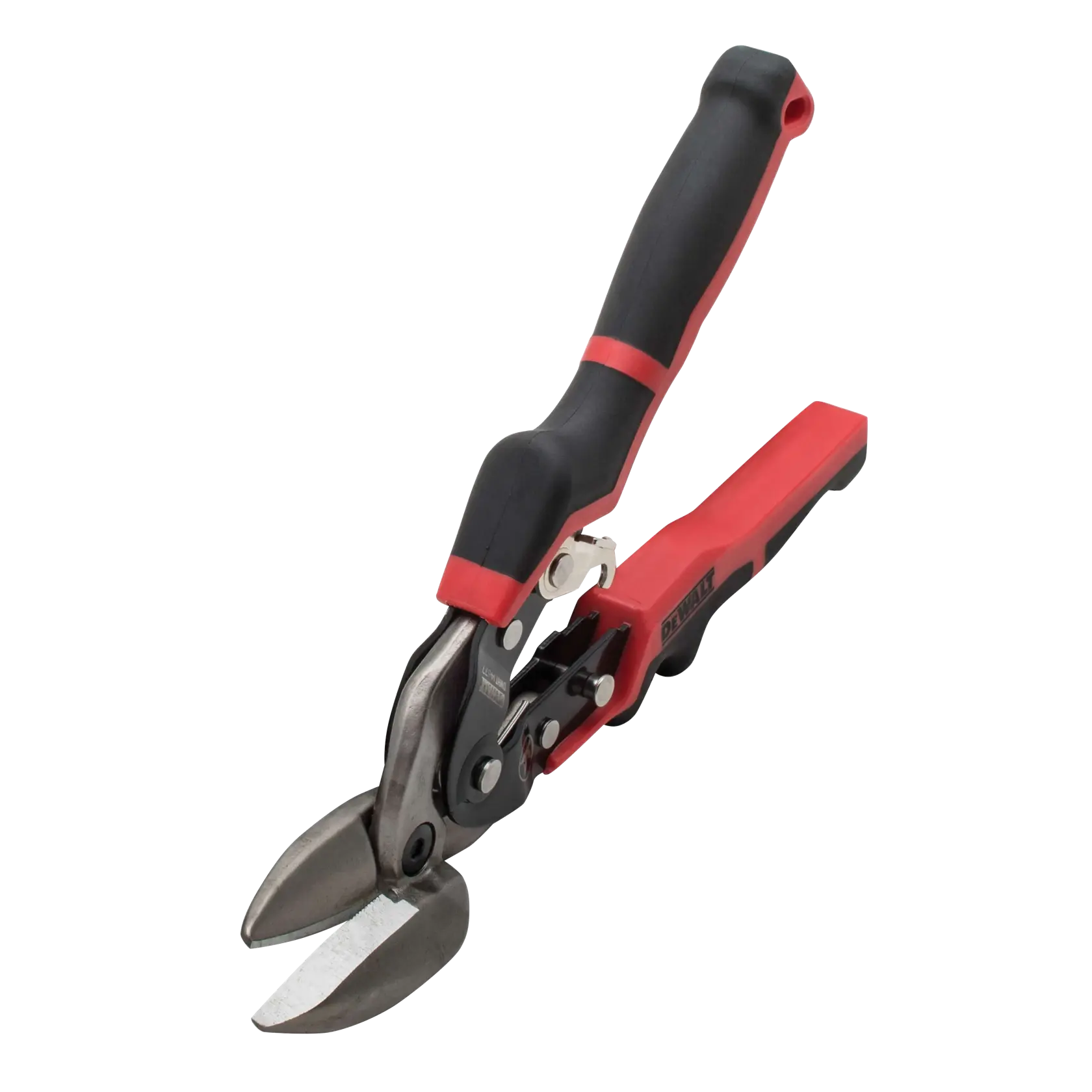 A DEWALT branded aviation snip with black and red handles, used for cutting metal sheets. The tool is shown against a white background.