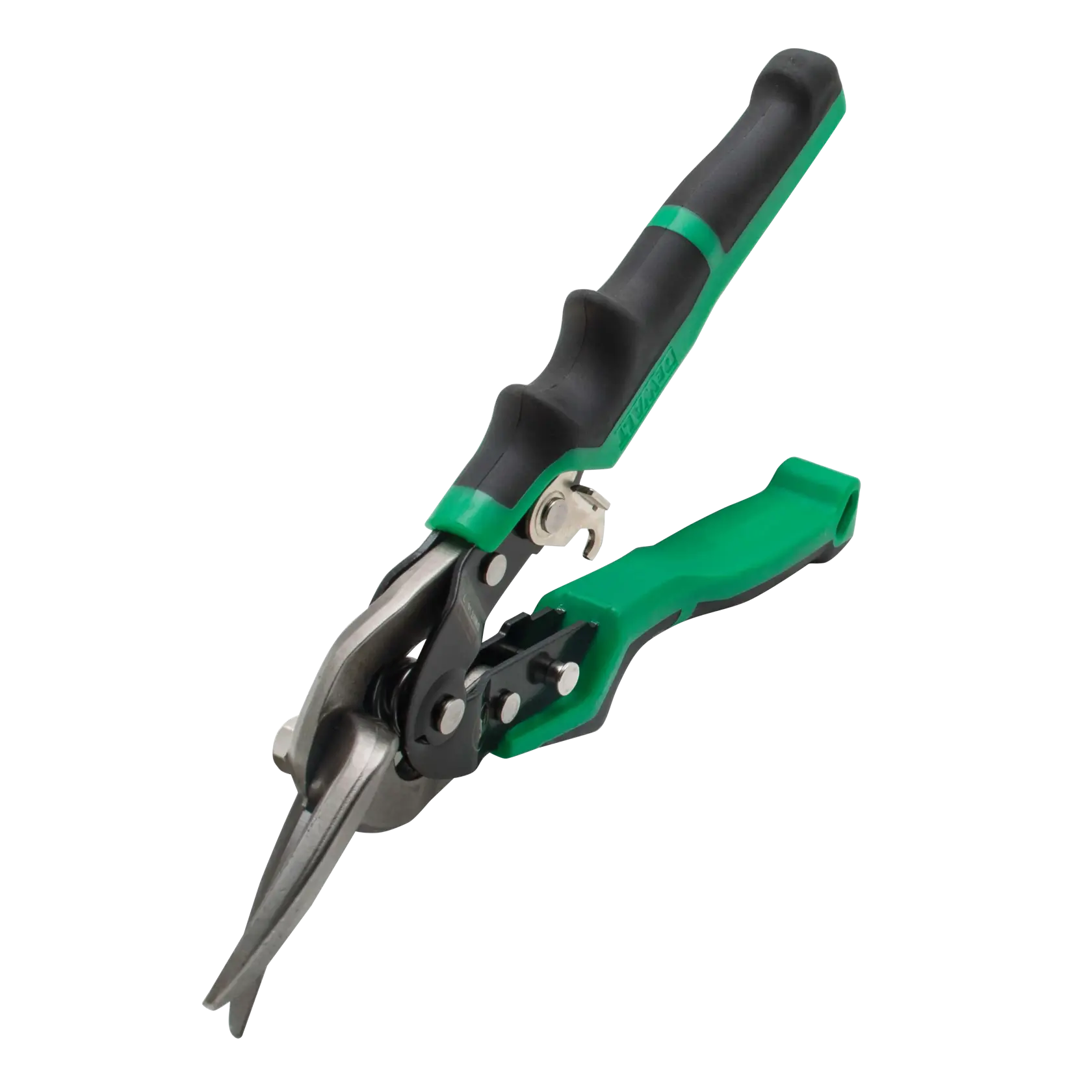 A pair of DEWALT green and black aviation snips with ergonomic handles and a metal cutting blade, shown against a white background.