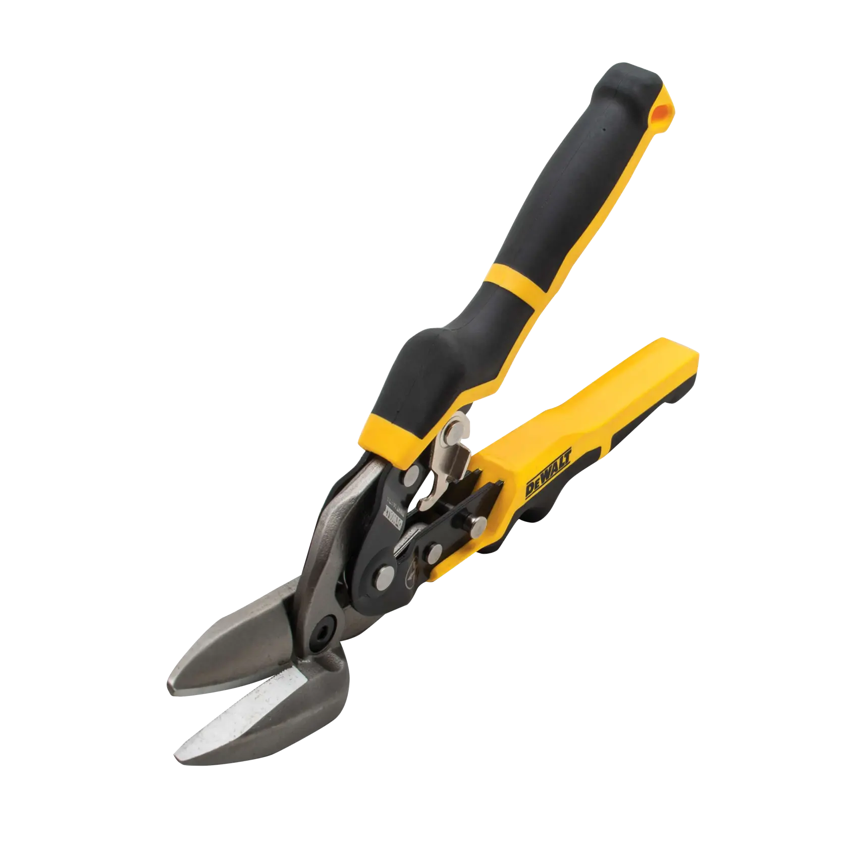 A DEWALT brand pair of aviation snips with yellow and black handles, shown against a white background.