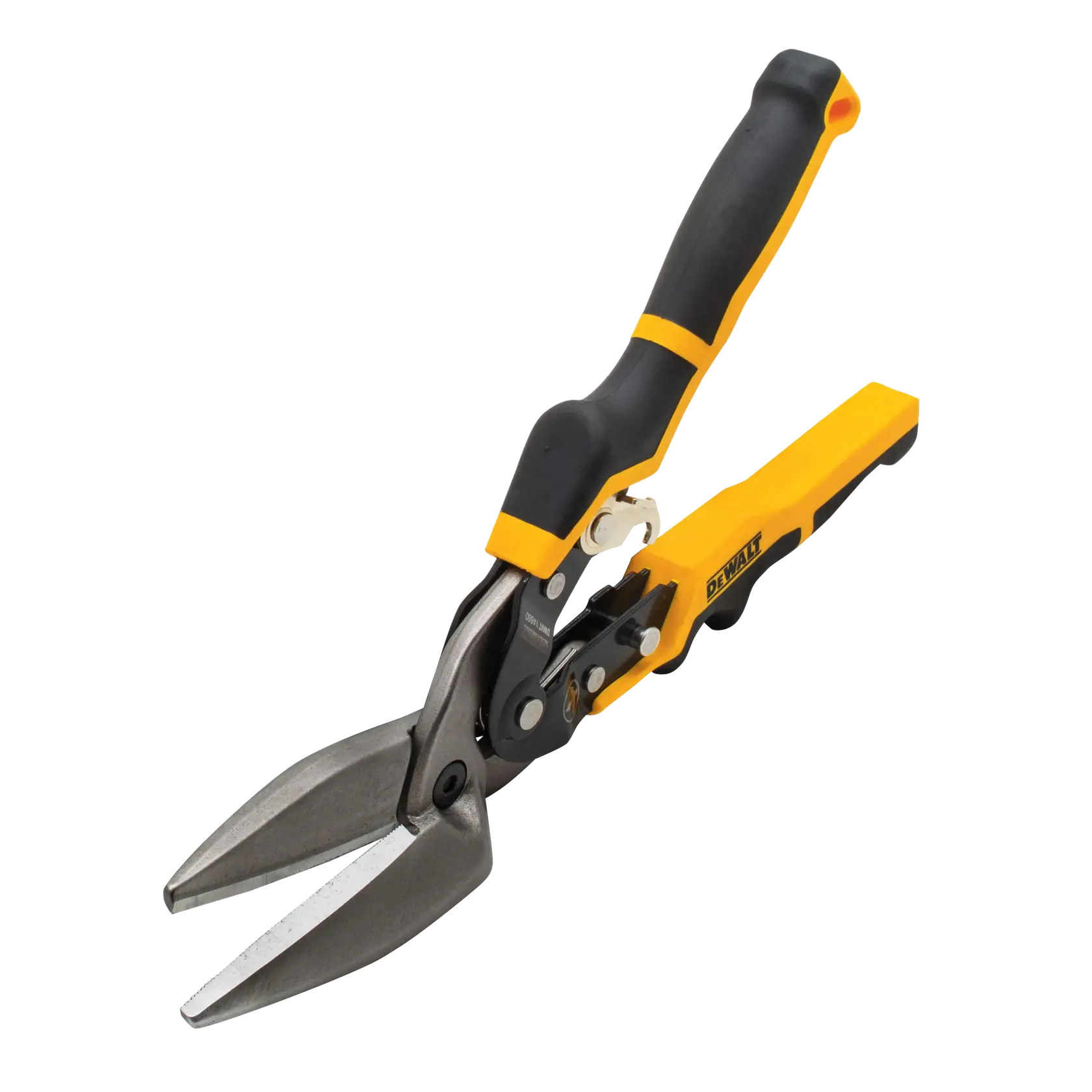 A pair of DEWALT straight cut aviation snips with black and yellow handles, designed for cutting sheet metal.