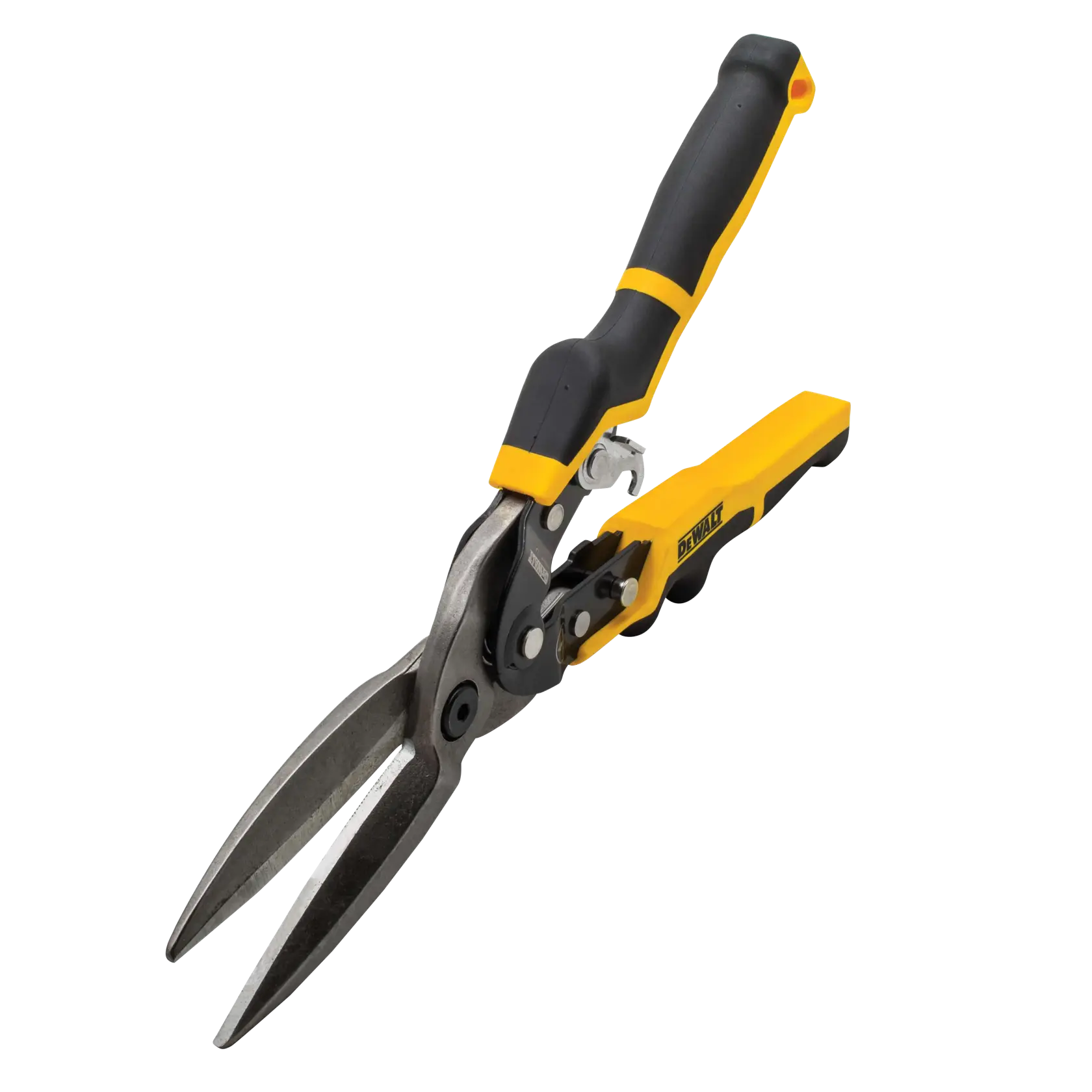 A DEWALT hand tool with yellow and black handles, featuring metal cutting blades and a locking mechanism, commonly used for cutting sheet metal.