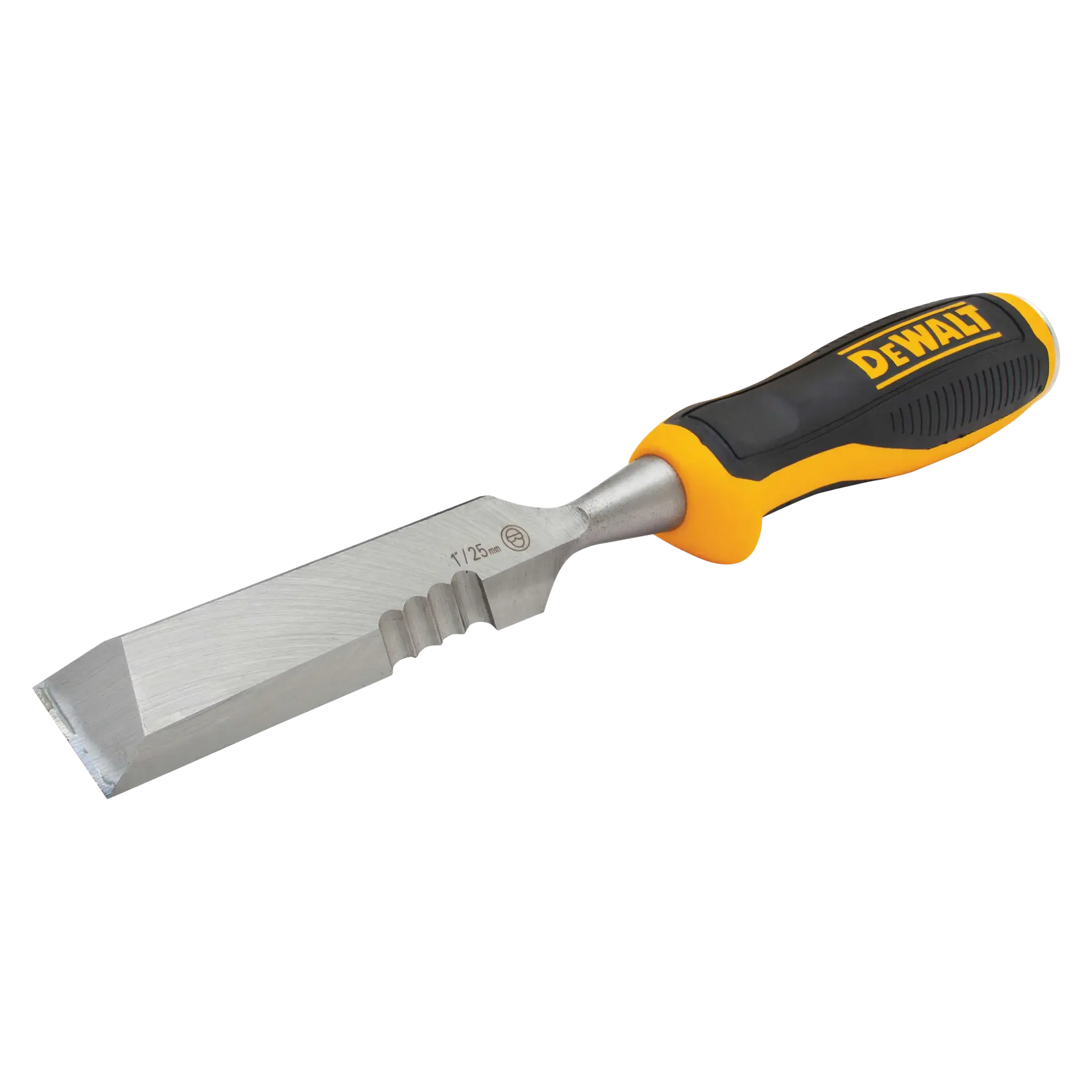 DEWALT woodworking chisel with a yellow and black ergonomic handle and a steel blade, 25mm size.