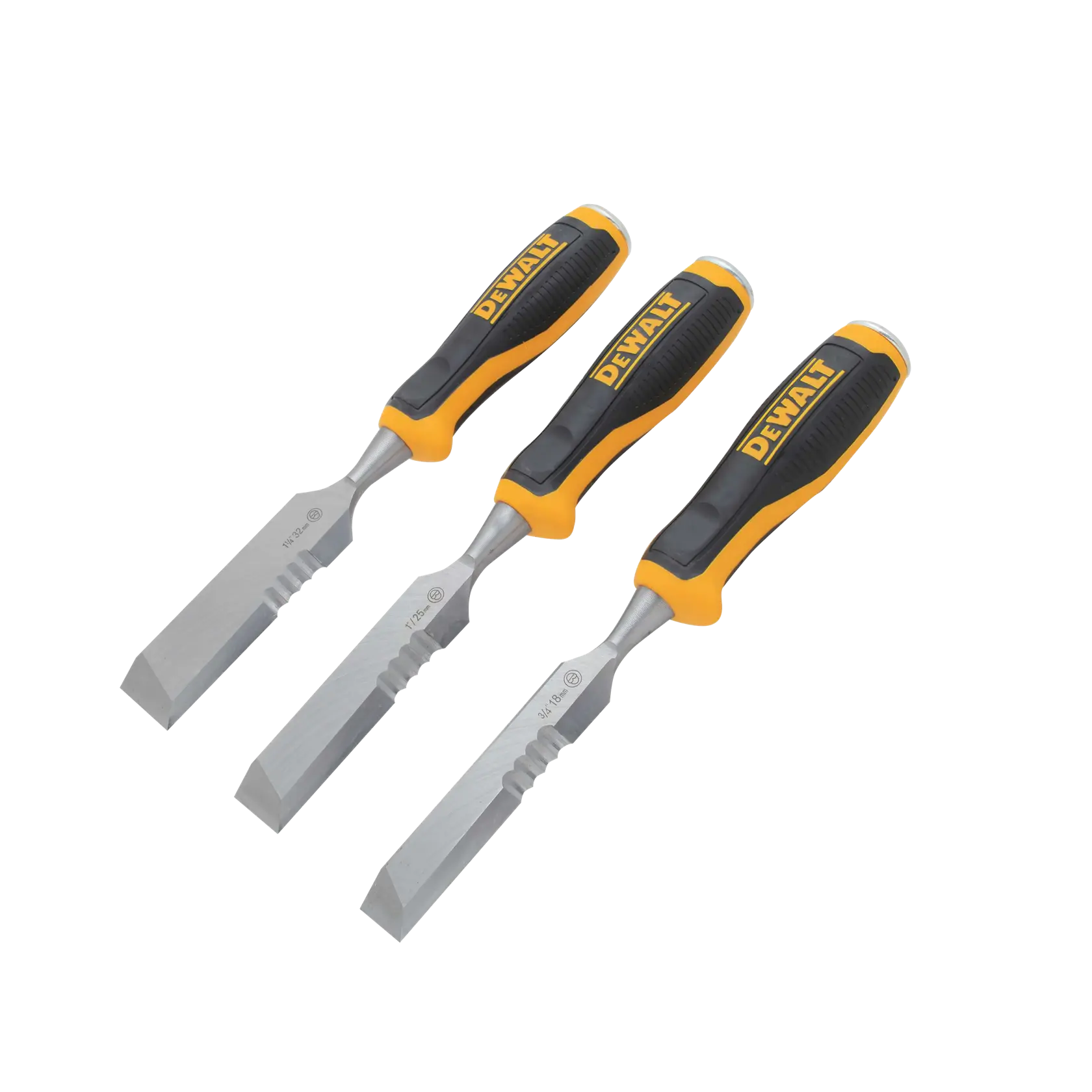 Three DEWALT woodworking chisels with black and yellow handles, displayed diagonally on a white background.