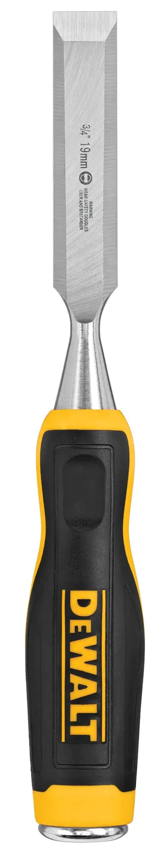 A DEWALT woodworking chisel with a black and yellow handle and a flat metal blade, shown against a white background.