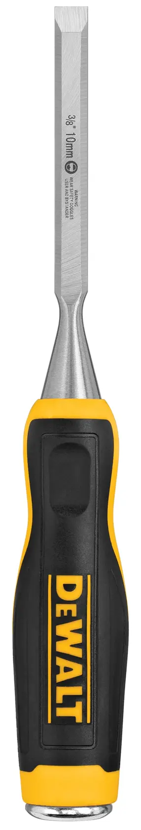A DEWALT wood chisel with a black and yellow handle, featuring a steel blade marked with measurements. The handle displays the DEWALT brand name in yellow lettering.