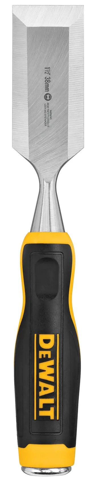 A DEWALT wood chisel with a black and yellow ergonomic handle and a wide, flat metal blade. The handle features the DEWALT logo prominently.