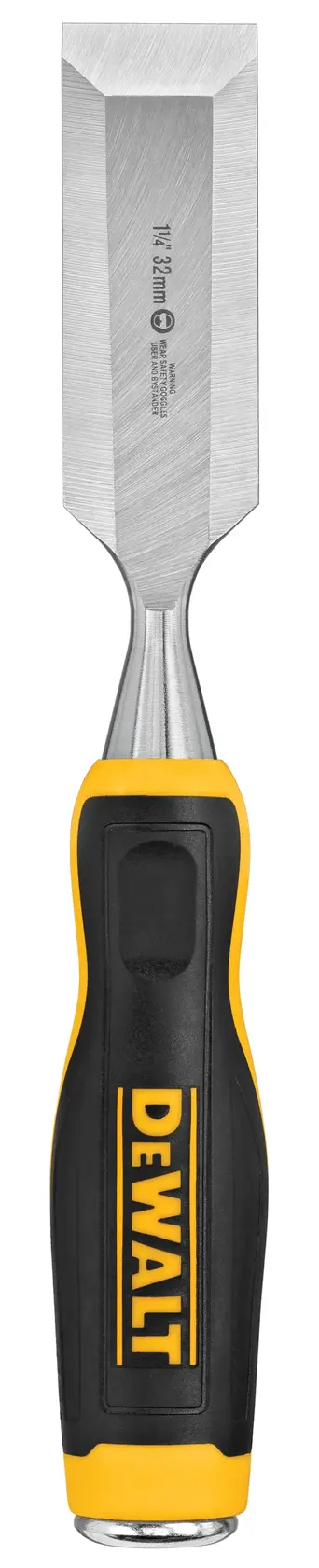 A DEWALT woodworking chisel with a black and yellow ergonomic handle and a metal blade, shown against a white background.