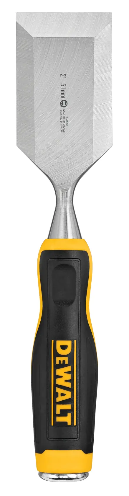 A DEWALT chisel with a wide, sharp metal blade and a black and yellow ergonomic handle, displayed vertically against a white background.