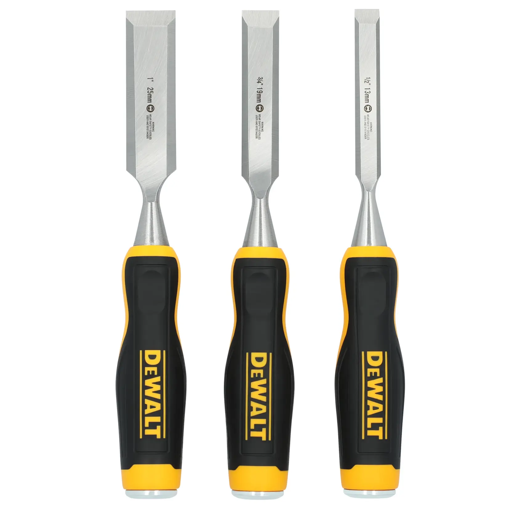 Three DEWALT woodworking chisels with black and yellow ergonomic handles, arranged side by side. The chisels have different blade widths and are designed for carving and shaping wood.