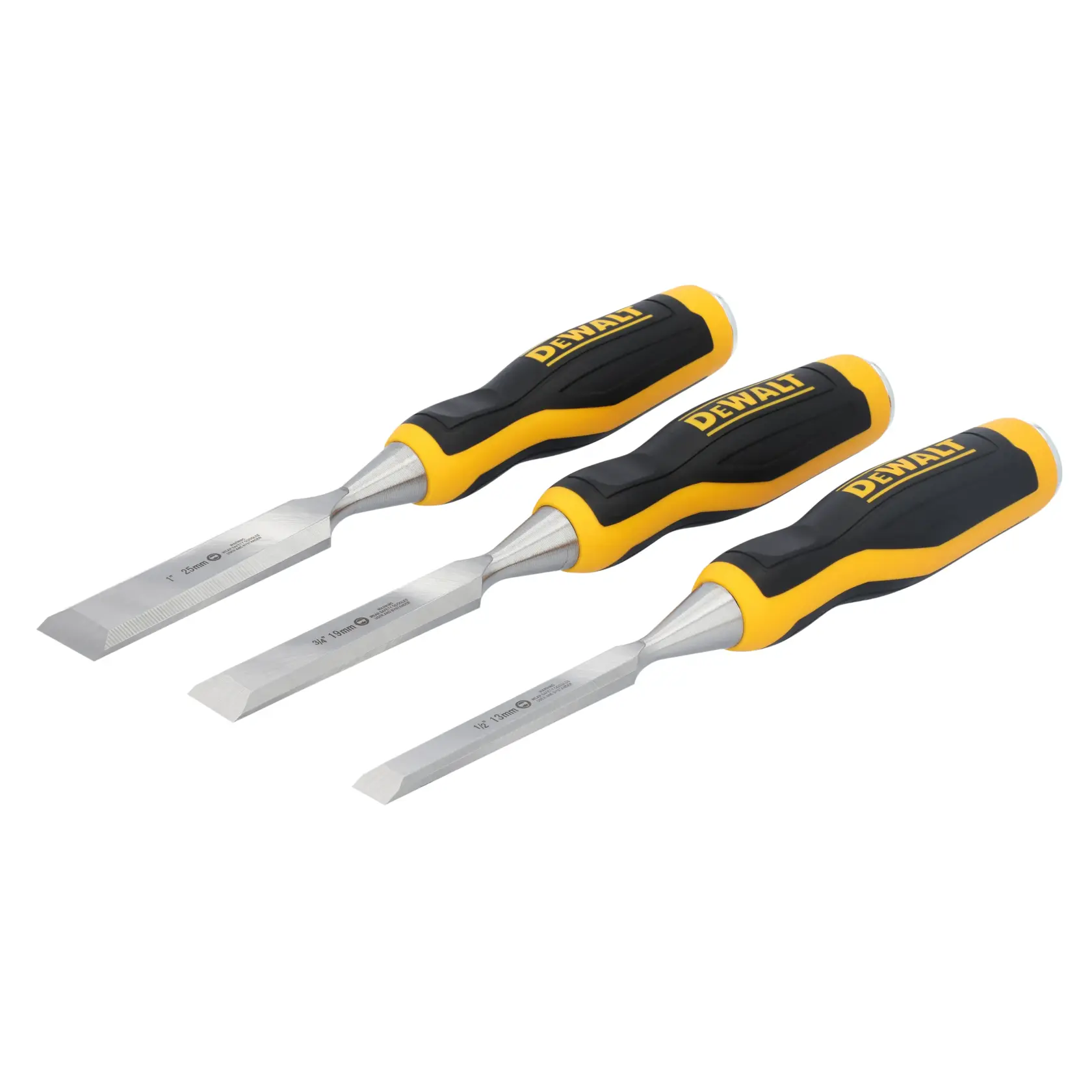 Three DEWALT woodworking chisels with black and yellow handles, arranged side by side on a white background.