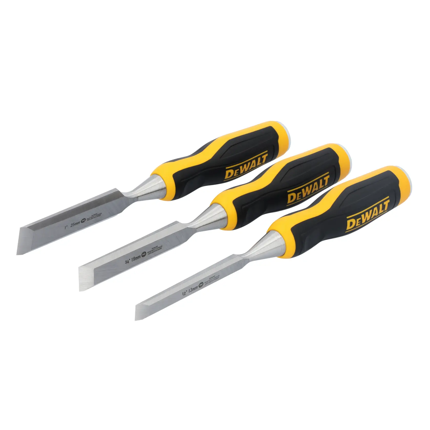 A set of three DEWALT woodworking chisels with black and yellow handles, each with a different blade width, displayed on a white background.