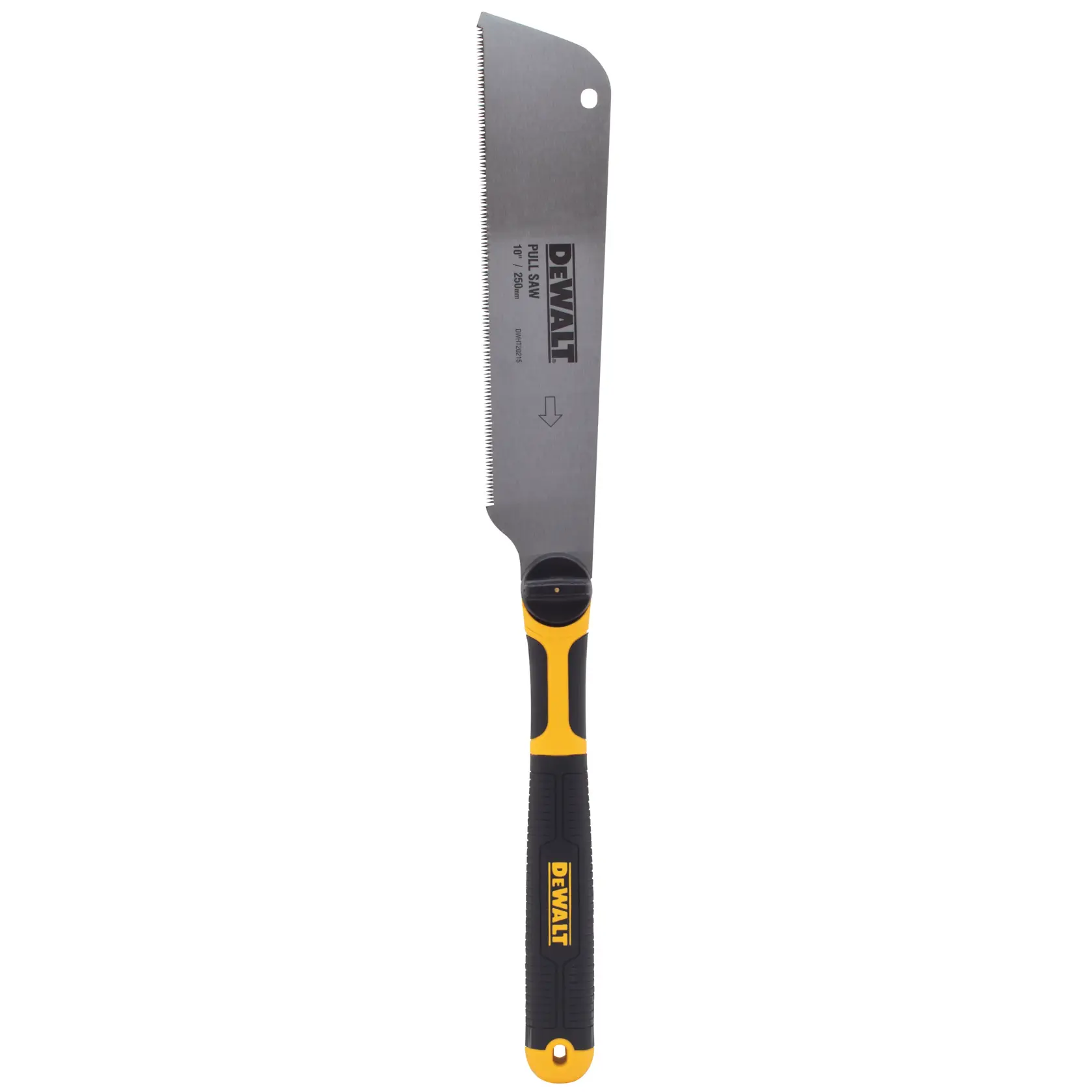 A DEWALT pull saw with a black and yellow ergonomic handle and a long, straight blade designed for precise wood cutting.