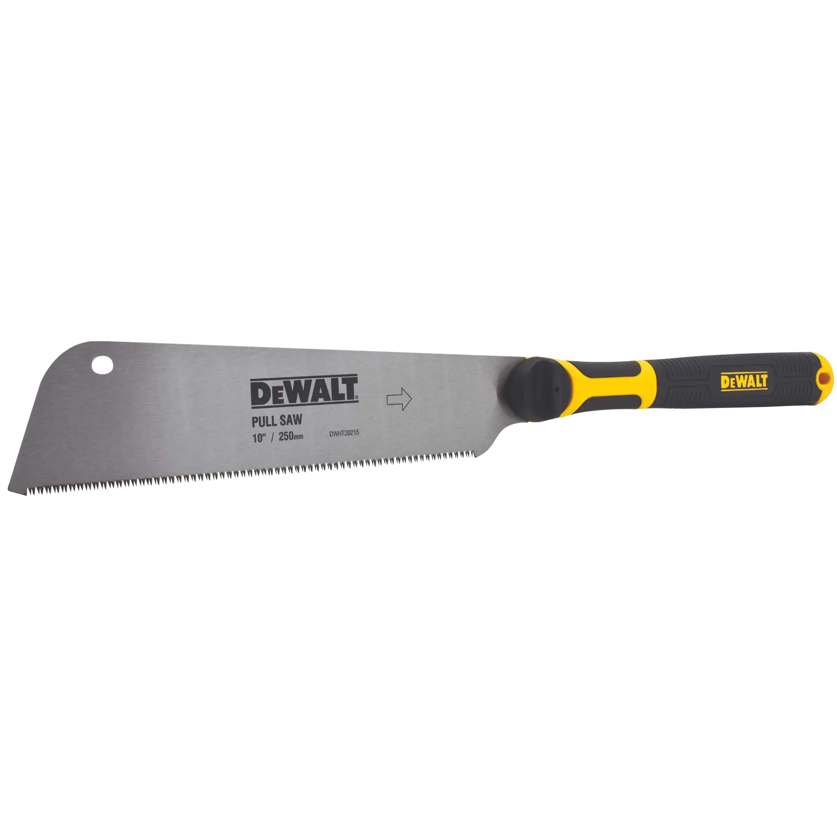 A DEWALT pull saw with a 10-inch (250mm) blade. The saw has a silver stainless steel blade with fine teeth, a hole near one end for hanging, and a black and yellow ergonomic handle.