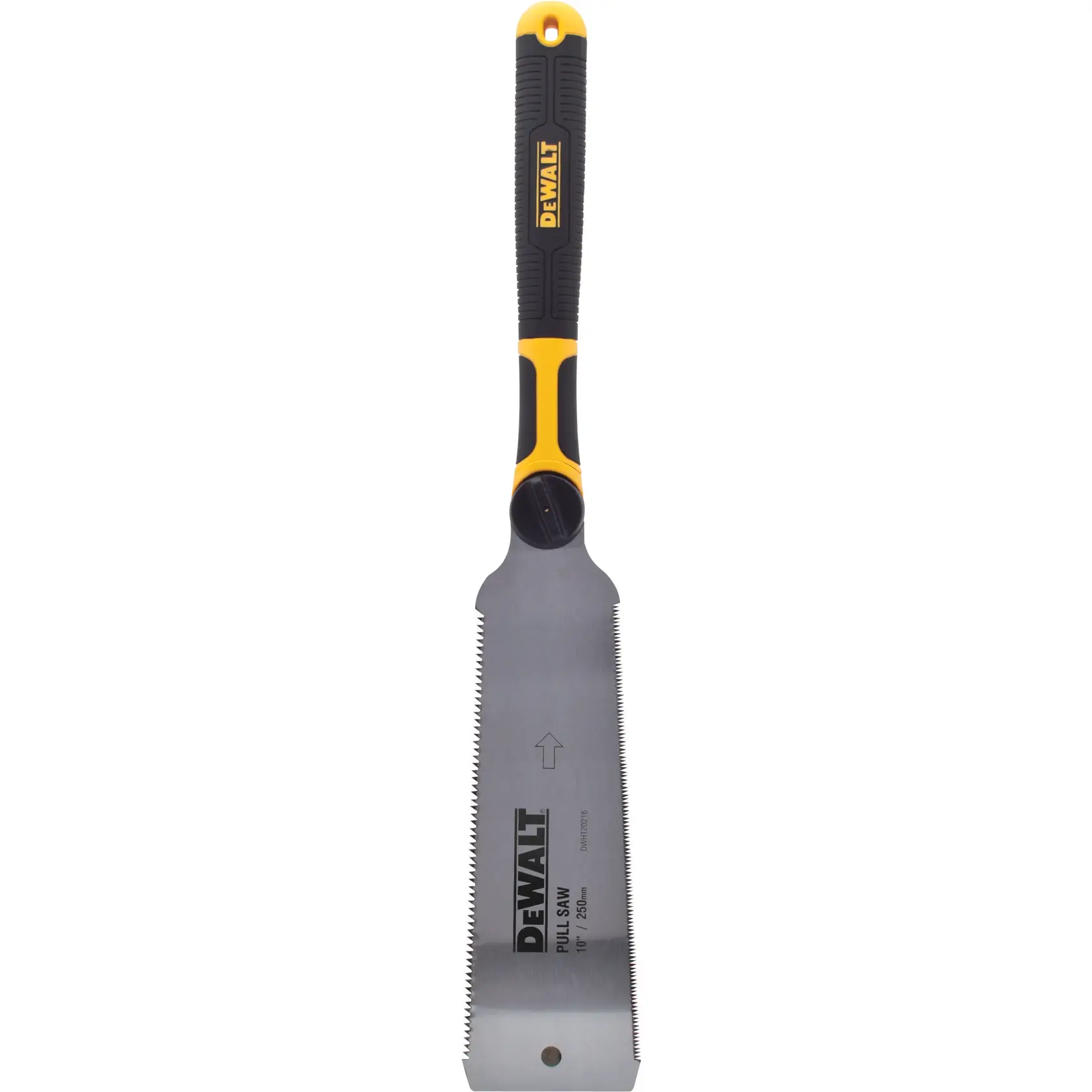A DEWALT pull saw with a black and yellow handle and a silver blade featuring fine teeth. The blade is marked with the DEWALT logo and product information.