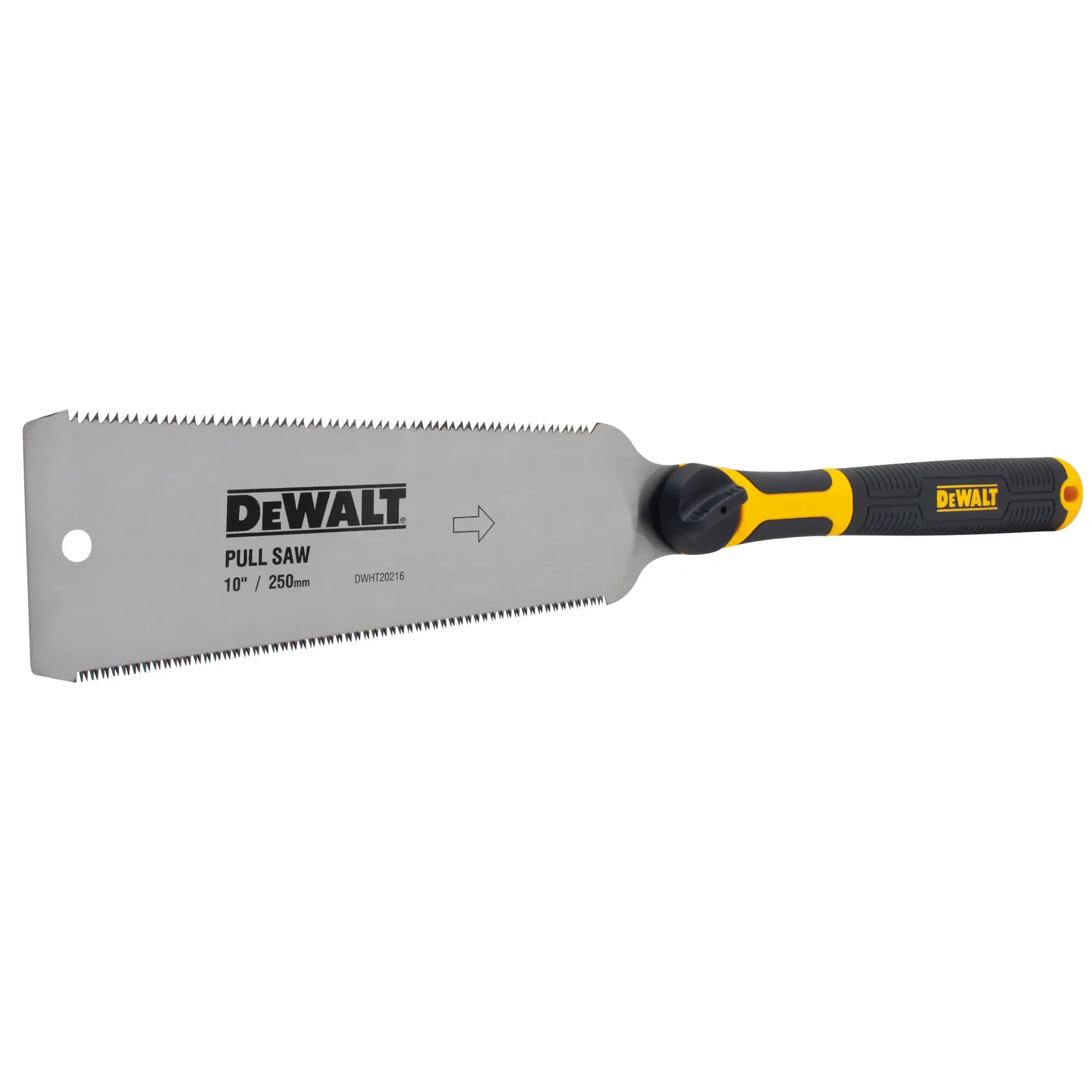 A DEWALT pull saw with a 10-inch (250mm) blade and a black and yellow handle, designed for woodworking and precise cutting tasks.