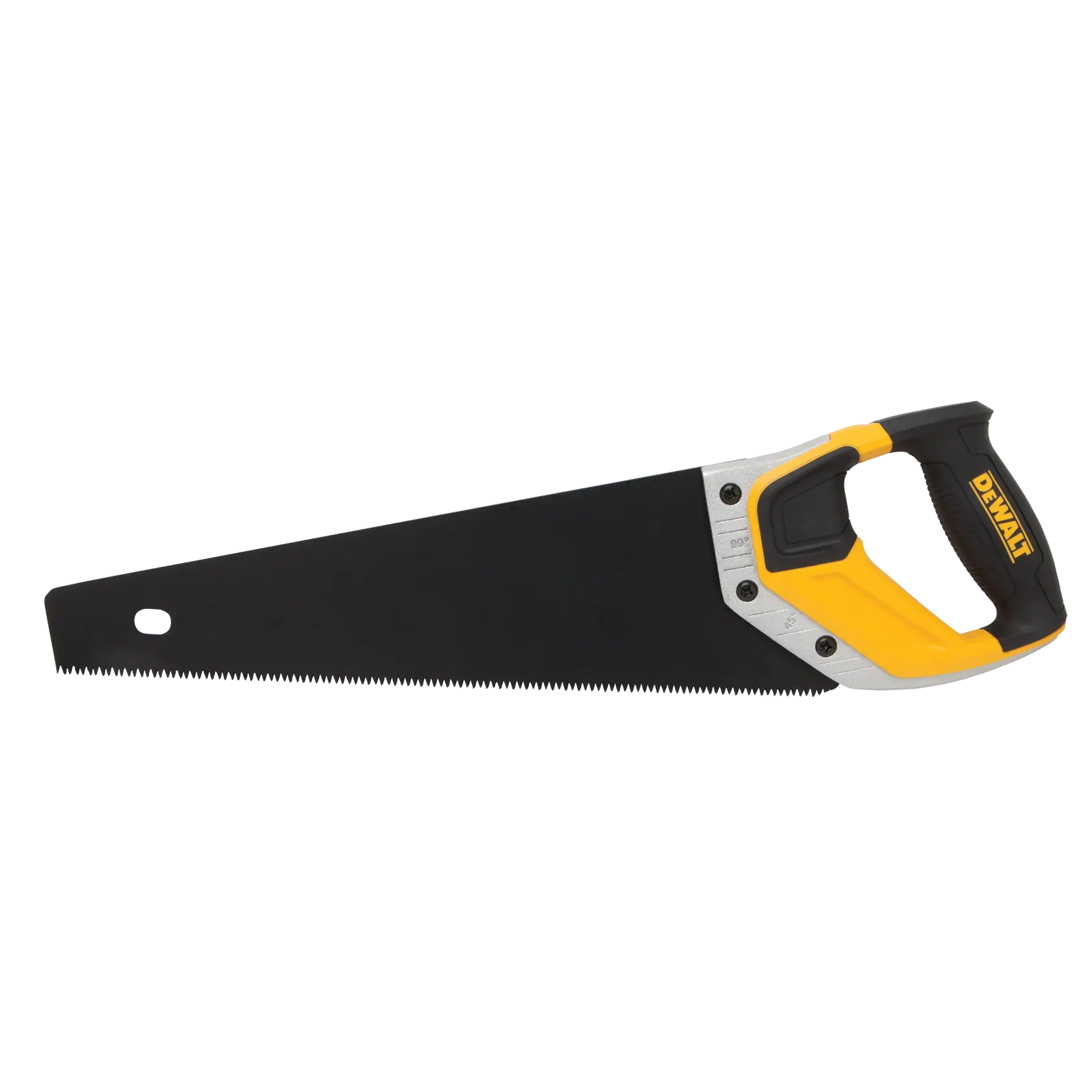 A hand saw with a black blade and a yellow and black ergonomic handle, branded DEWALT.