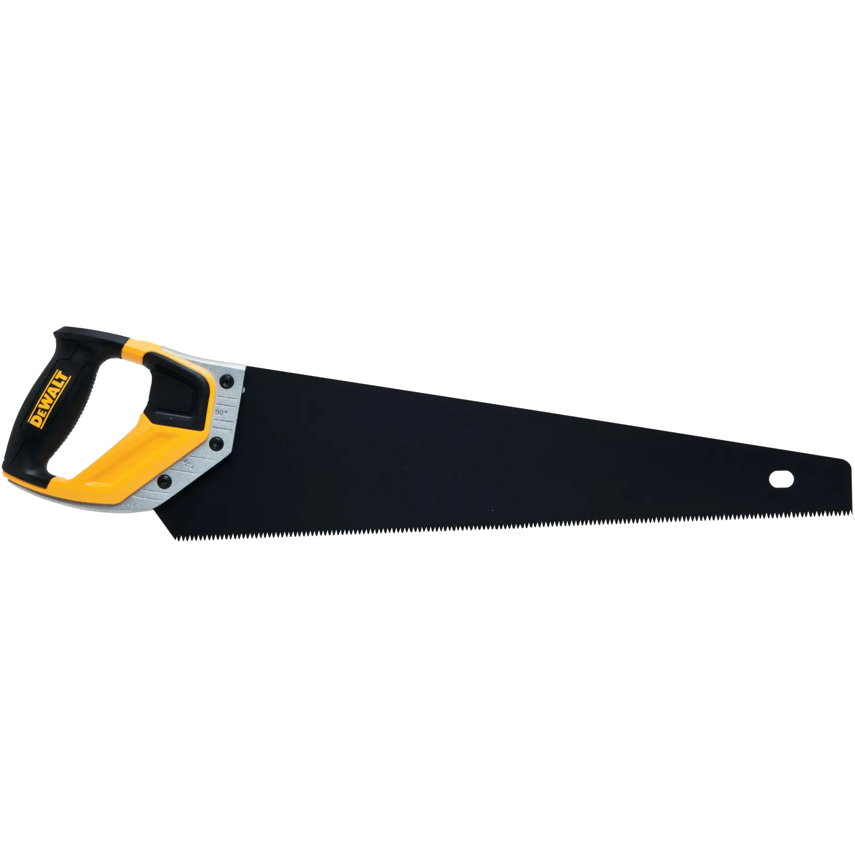A DEWALT hand saw with a black blade and yellow and black handle, designed for cutting wood.