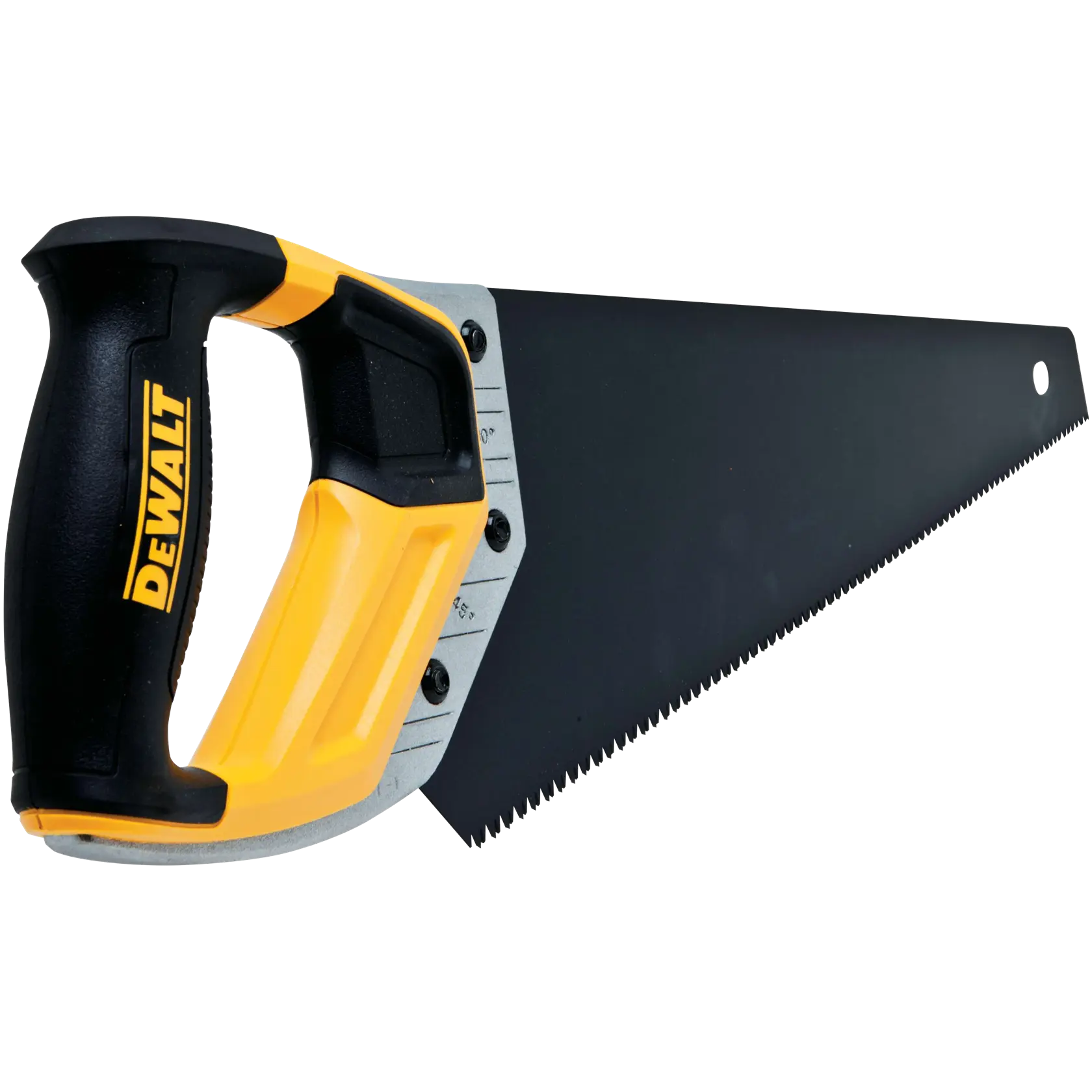 A DEWALT hand saw with a black blade and a black-and-yellow ergonomic handle.