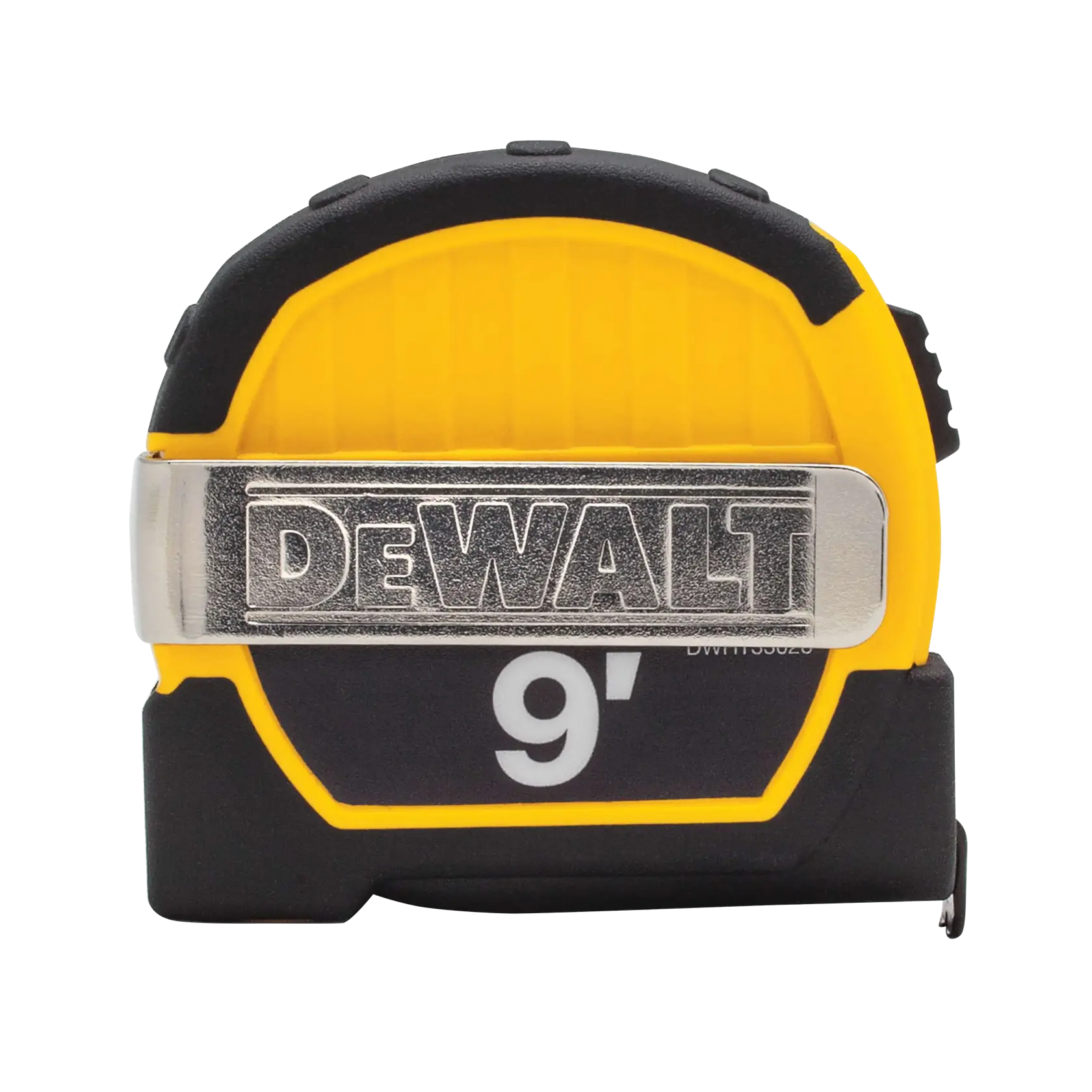 A DEWALT 9-foot measuring tape, featuring a yellow and black casing and a metal clip on the front.
