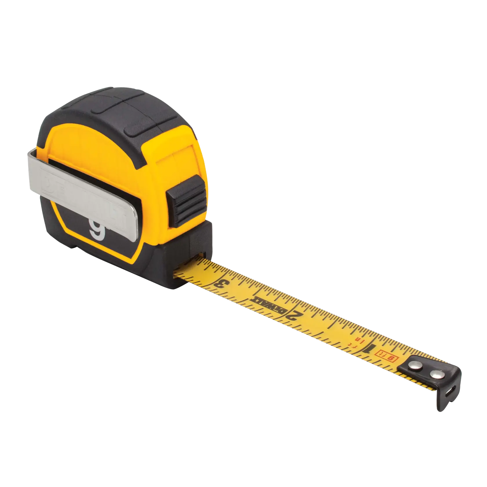 A yellow and black DEWALT tape measure with a metal clip and an extended measuring tape showing inch markings.
