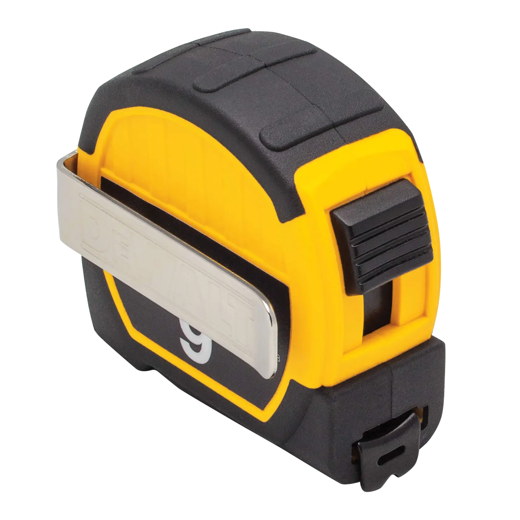 A close-up image of a DEWALT tape measure with a yellow and black casing, a metal belt clip, and a lock mechanism.