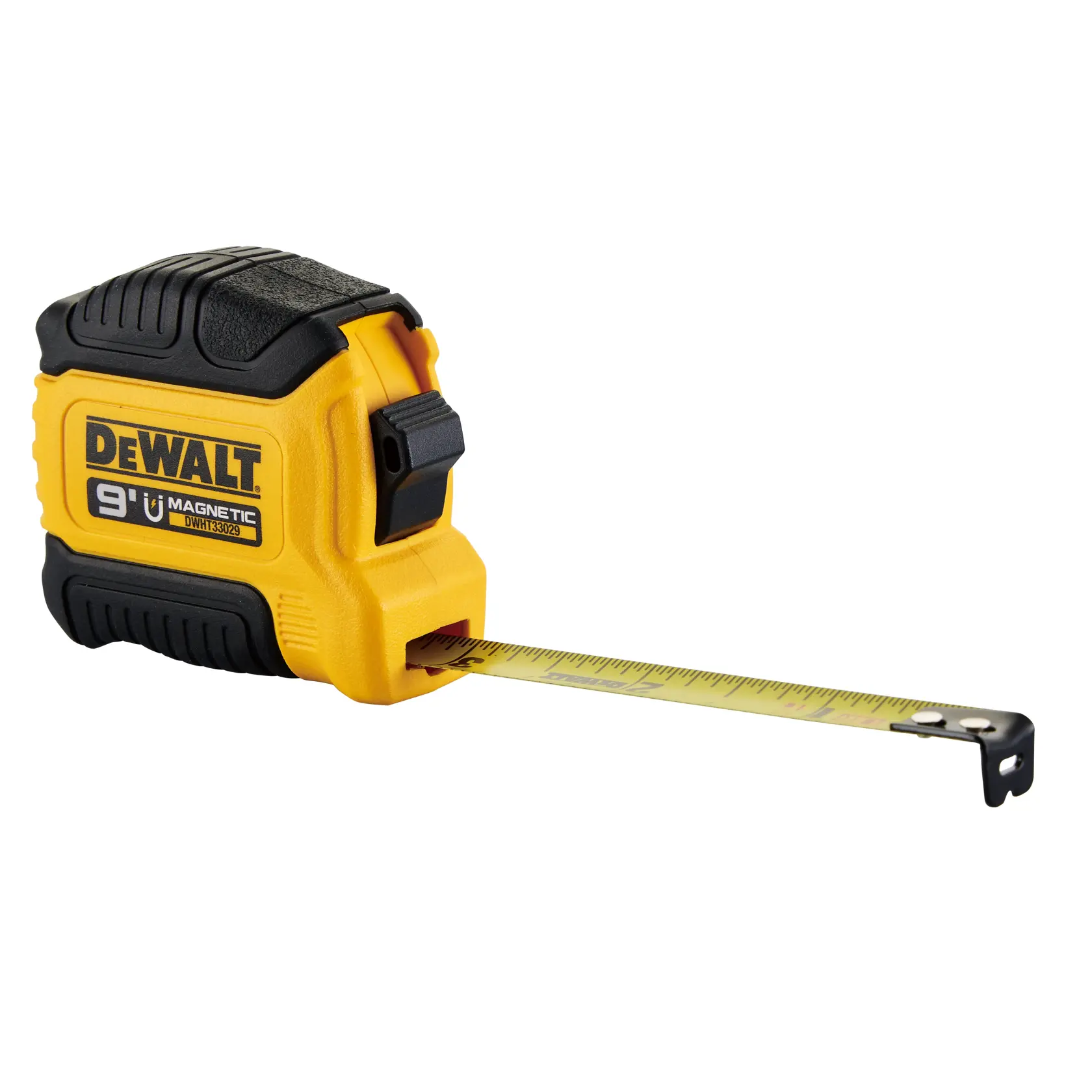 A yellow and black DEWALT magnetic tape measure with a 9-foot length, partially extended.
