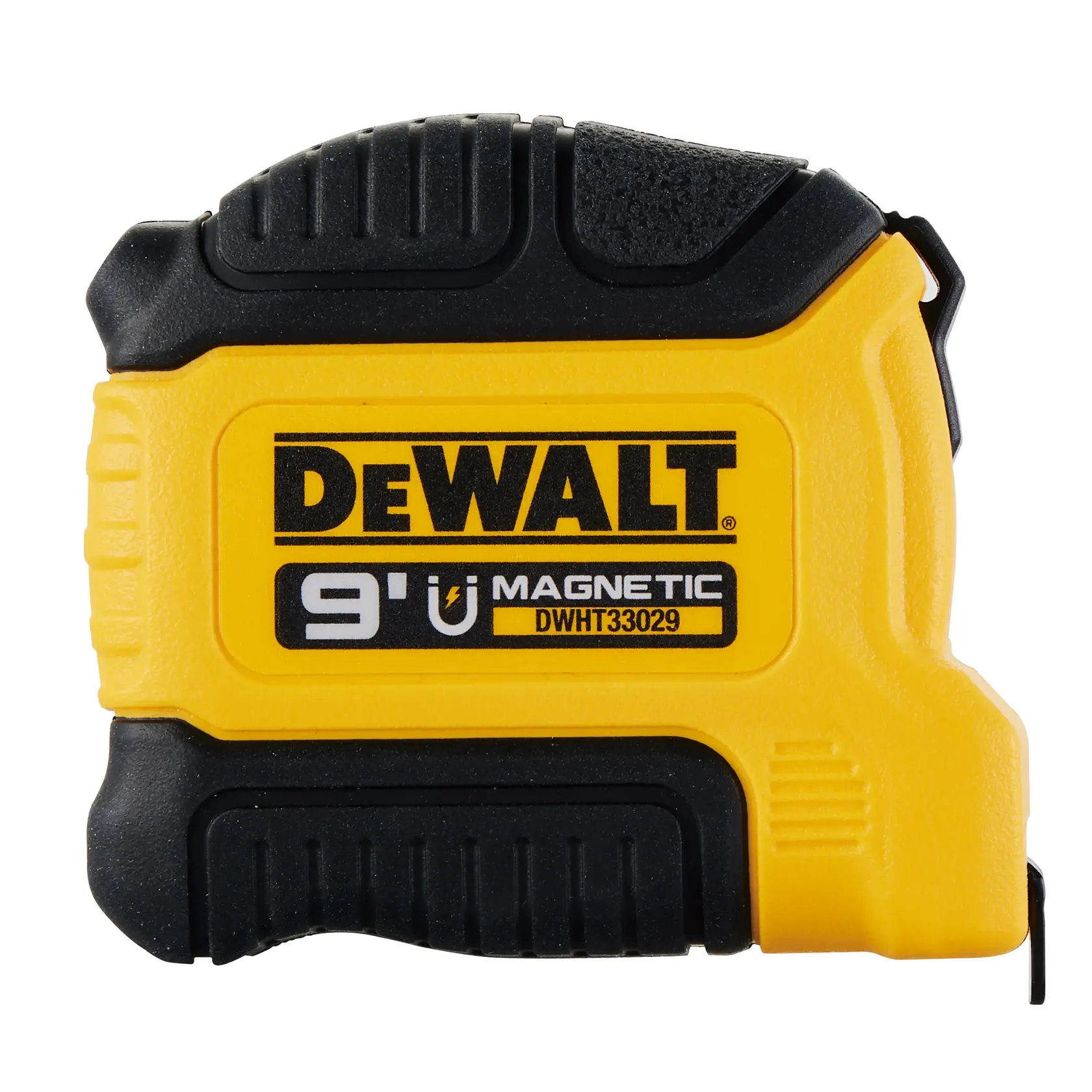A yellow and black DEWALT branded 9-foot magnetic tape measure, model number DWHT33029.