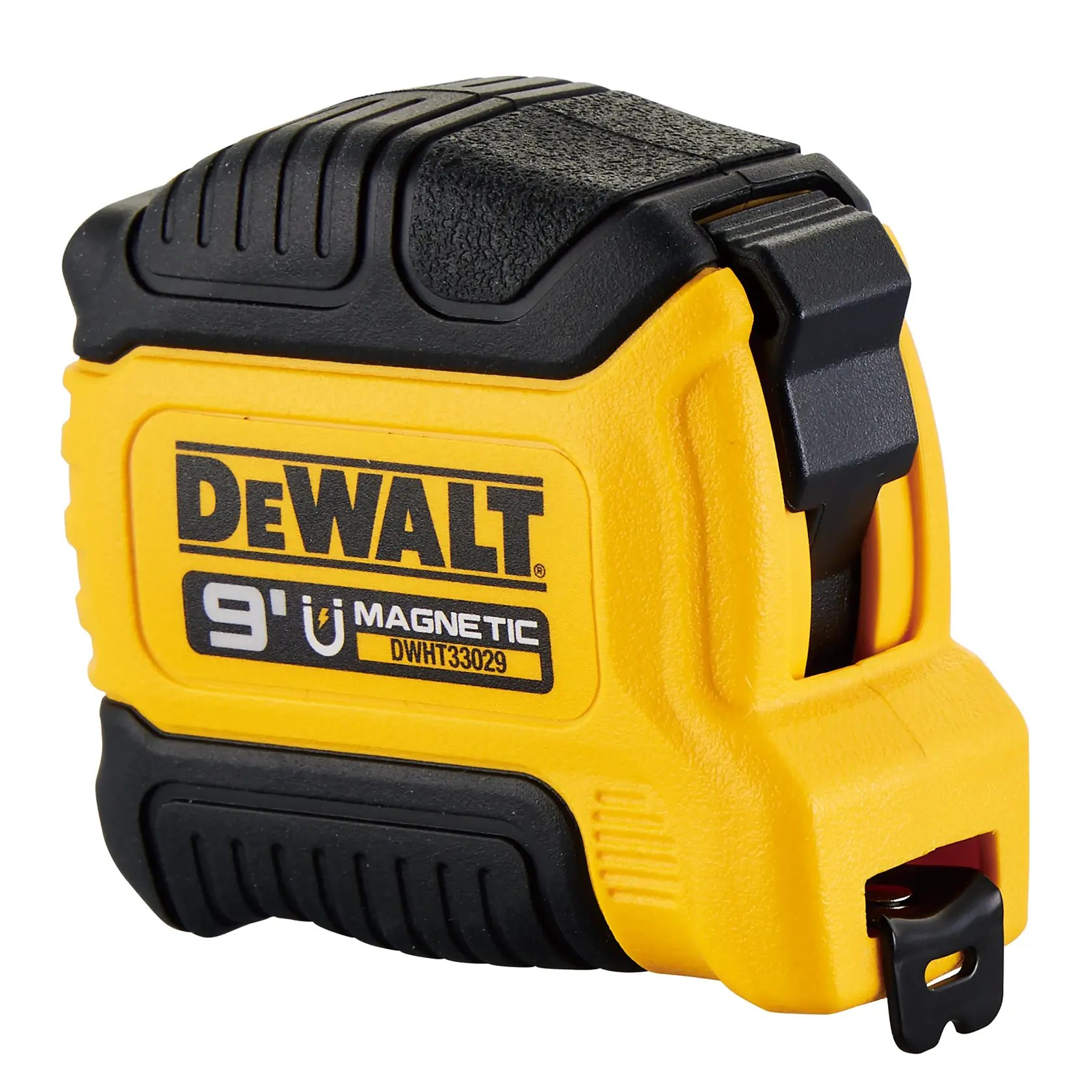 A yellow and black DEWALT 9-foot magnetic tape measure, model DWHT33029T, with a rugged, ergonomic design.