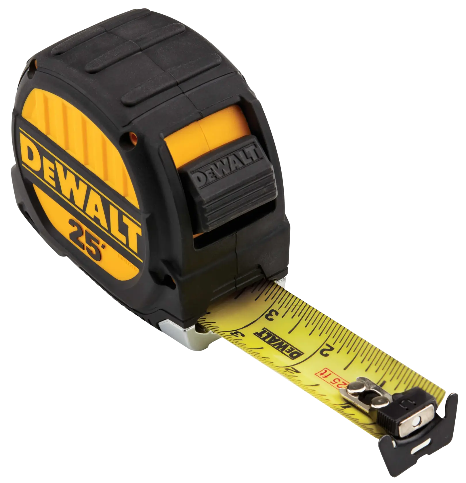 A DEWALT 25-foot measuring tape with a black and yellow casing and a yellow retractable tape displaying measurement markings.