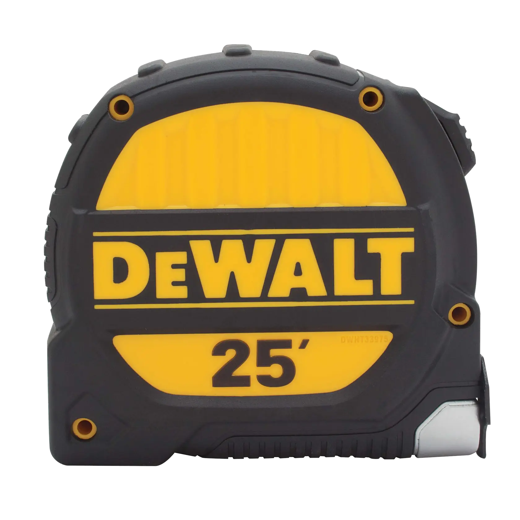A DEWALT 25-foot tape measure in black and yellow casing. The product SKU DWHT33975 is visible on the front.
