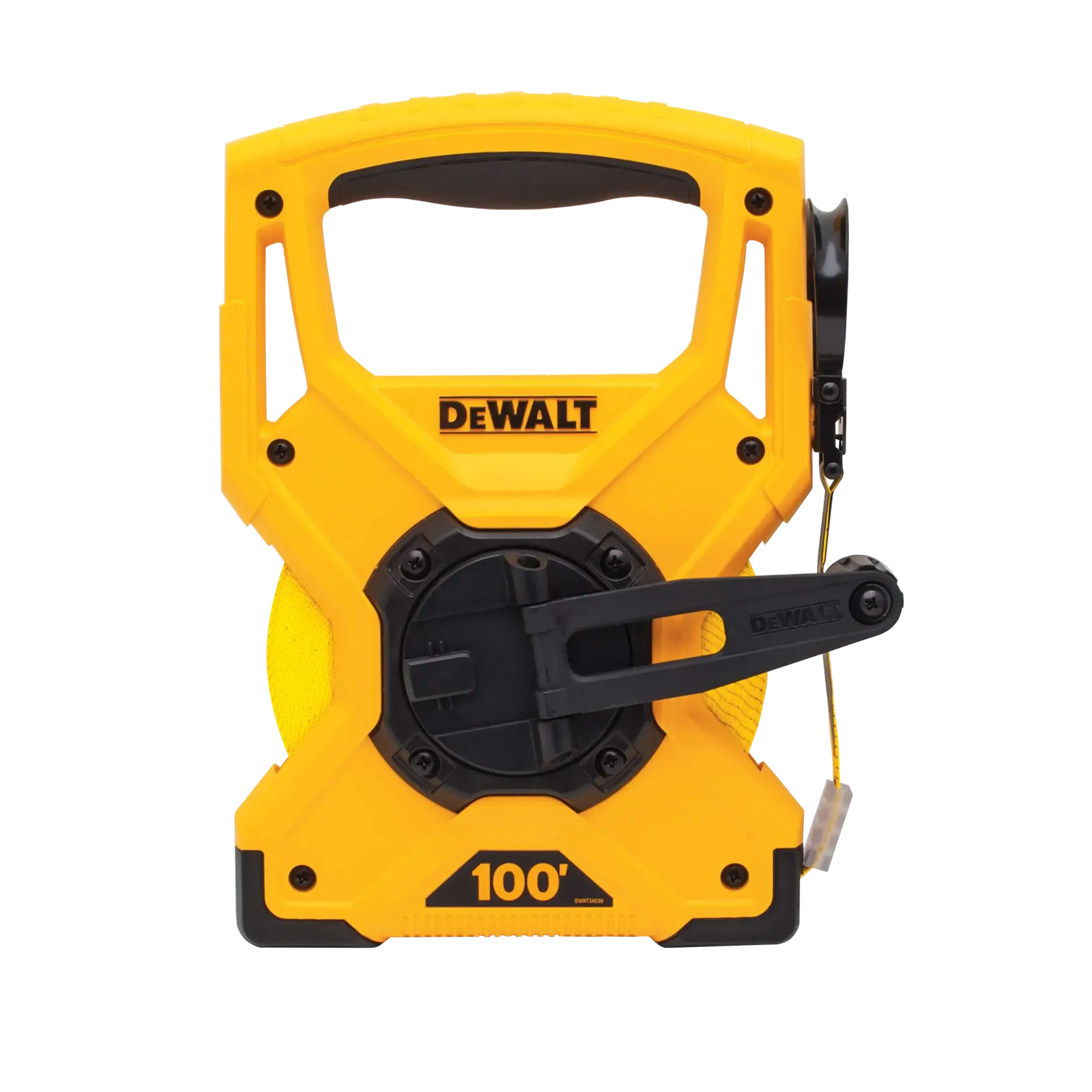 A DEWALT 100-foot measuring tape reel with a yellow and black casing, ergonomic handle, and crank for winding the tape.