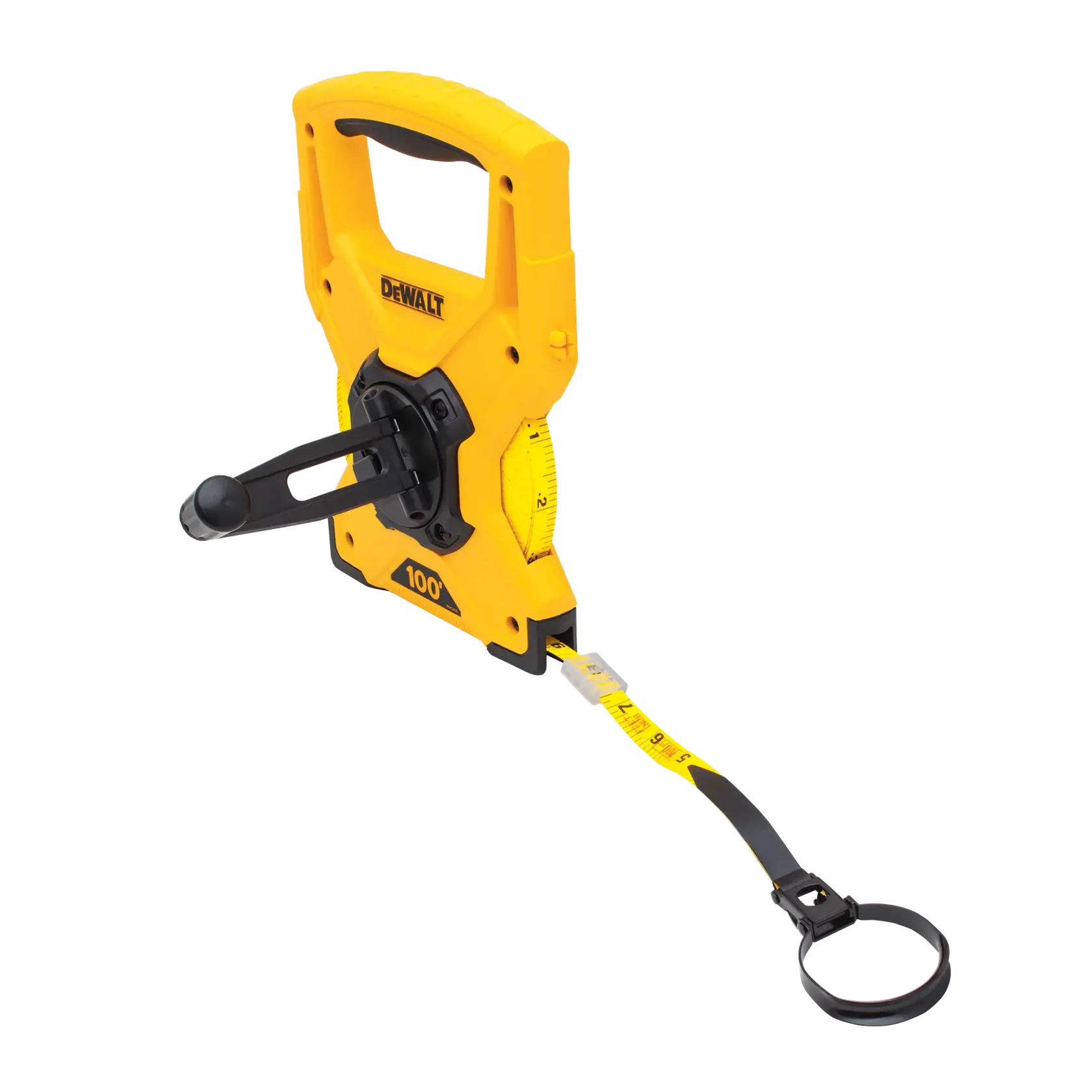 A DEWALT 100-foot yellow open reel measuring tape with a black handle and winding crank, designed for long-distance measurements.