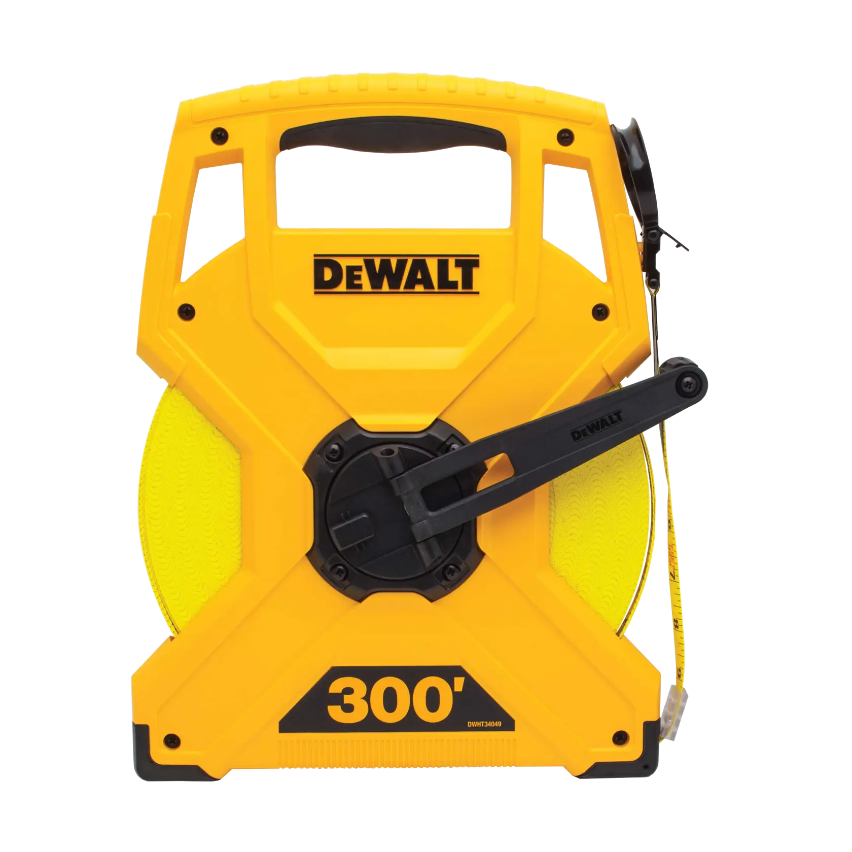 A DEWALT 300-foot measuring tape, enclosed in a yellow and black plastic case with a handle and winding crank.
